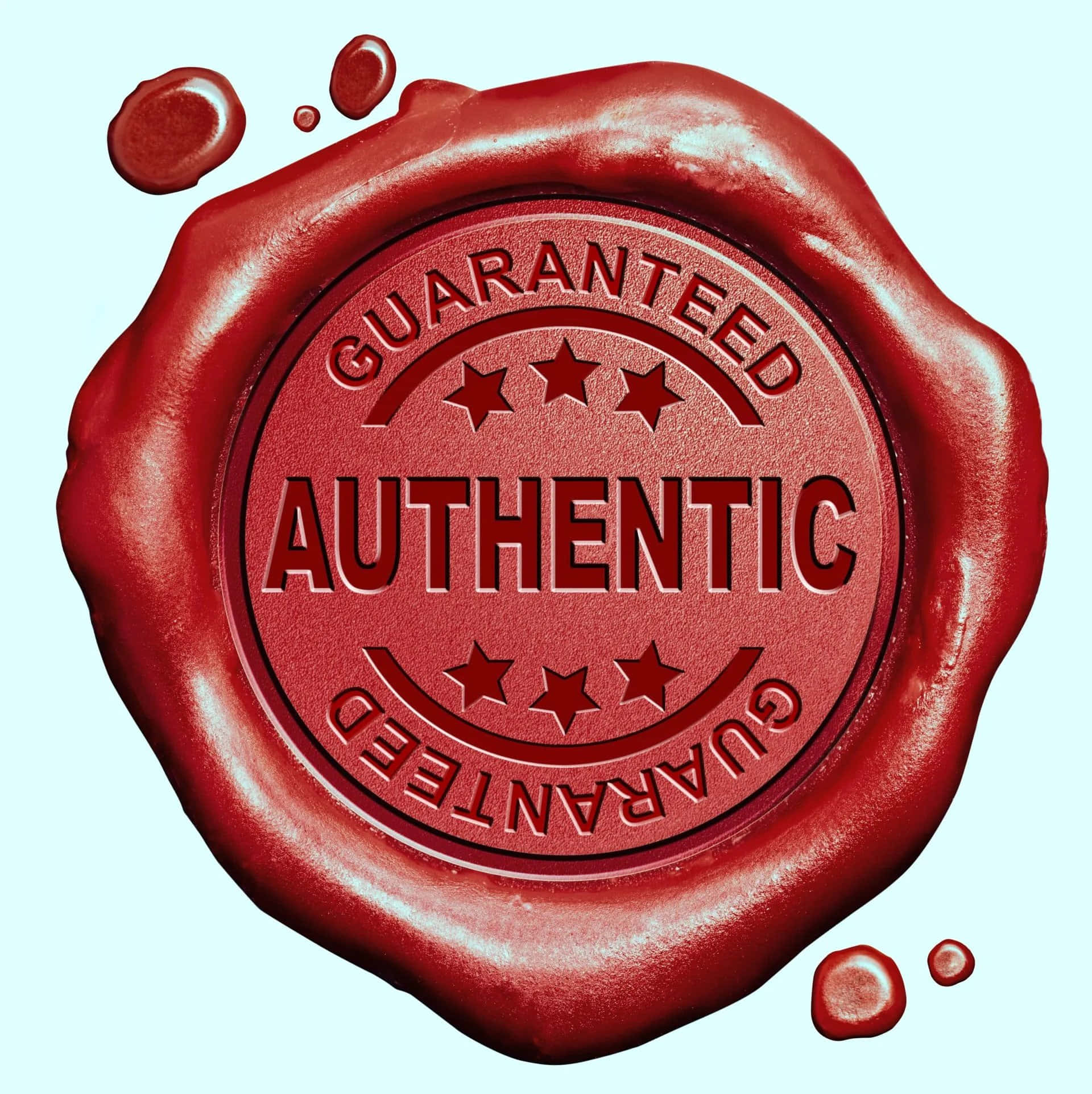 Authentic 桌布 壁紙 — 一個帶有「GUARANTEED AUTHENTIC」和星星浮雕的光面紅色火漆印章，背景為淺藍色。