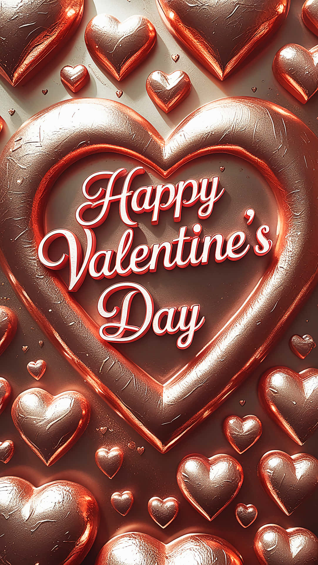 Valetine's day 壁紙 — 一個帶有「Happy Valentine's Day」字樣的光澤銅心，周圍散落著金屬心形，位於有紋理的表面上。