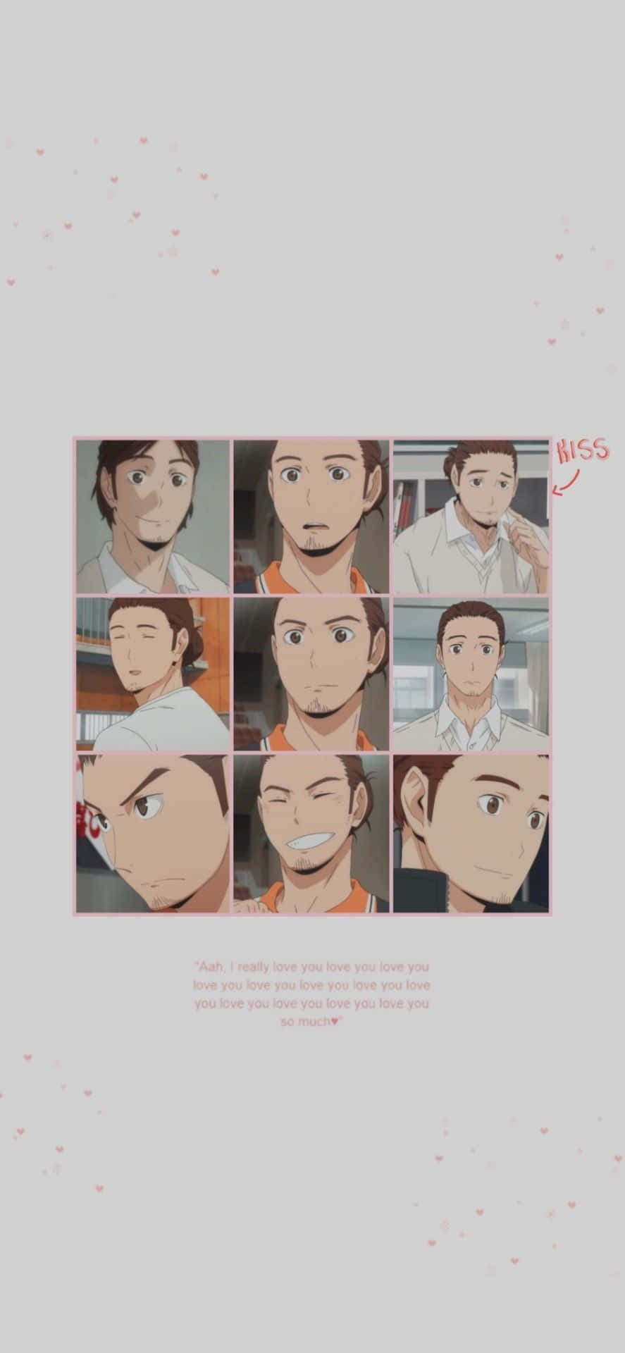 Asahi Azumane 桌布 壁紙 — 一個帶有「Hiss」註釋和重複「I love you」文字的動漫角色表情網格。