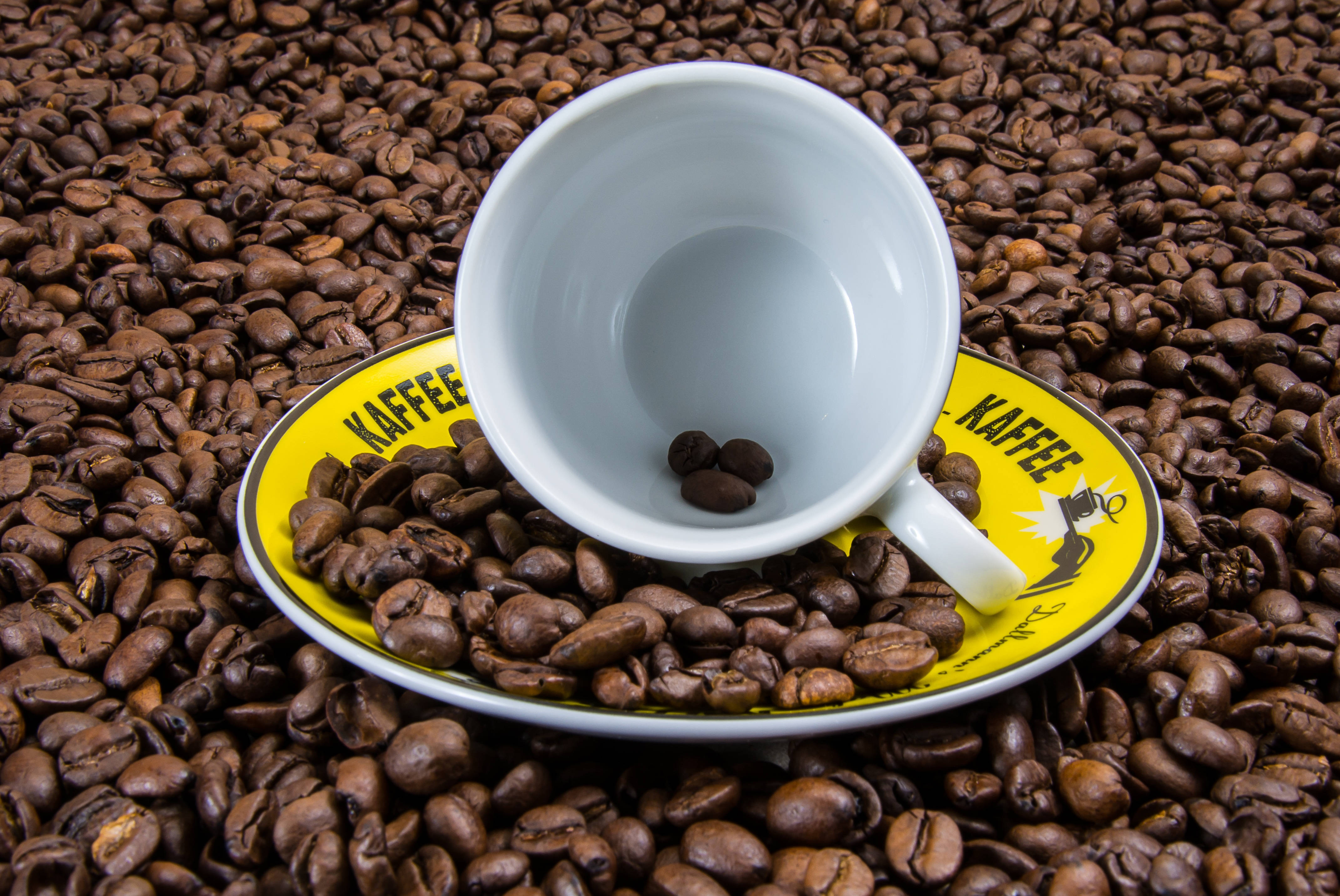 咖啡動圖 桌布 壁紙 — 一個帶有 'KAFFEE' 標誌的白色咖啡杯和碟子放在烤咖啡豆上。