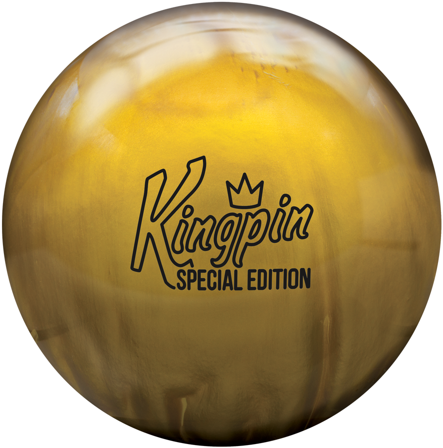 Circle 桌布 壁紙 — 一個帶有 'Kingpin Special Edition' 標誌的光澤金色保齡球，背景為黑色。