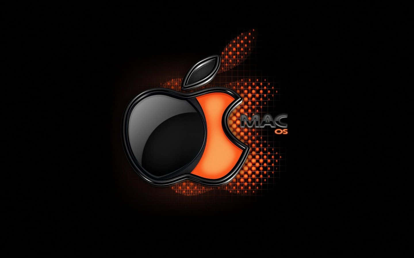 桌布 壁紙 — 一個帶有「MAC OS」文字的亮面黑色和橙色Apple標誌，在帶有像素化橙色點綴的深色背景上發光。
