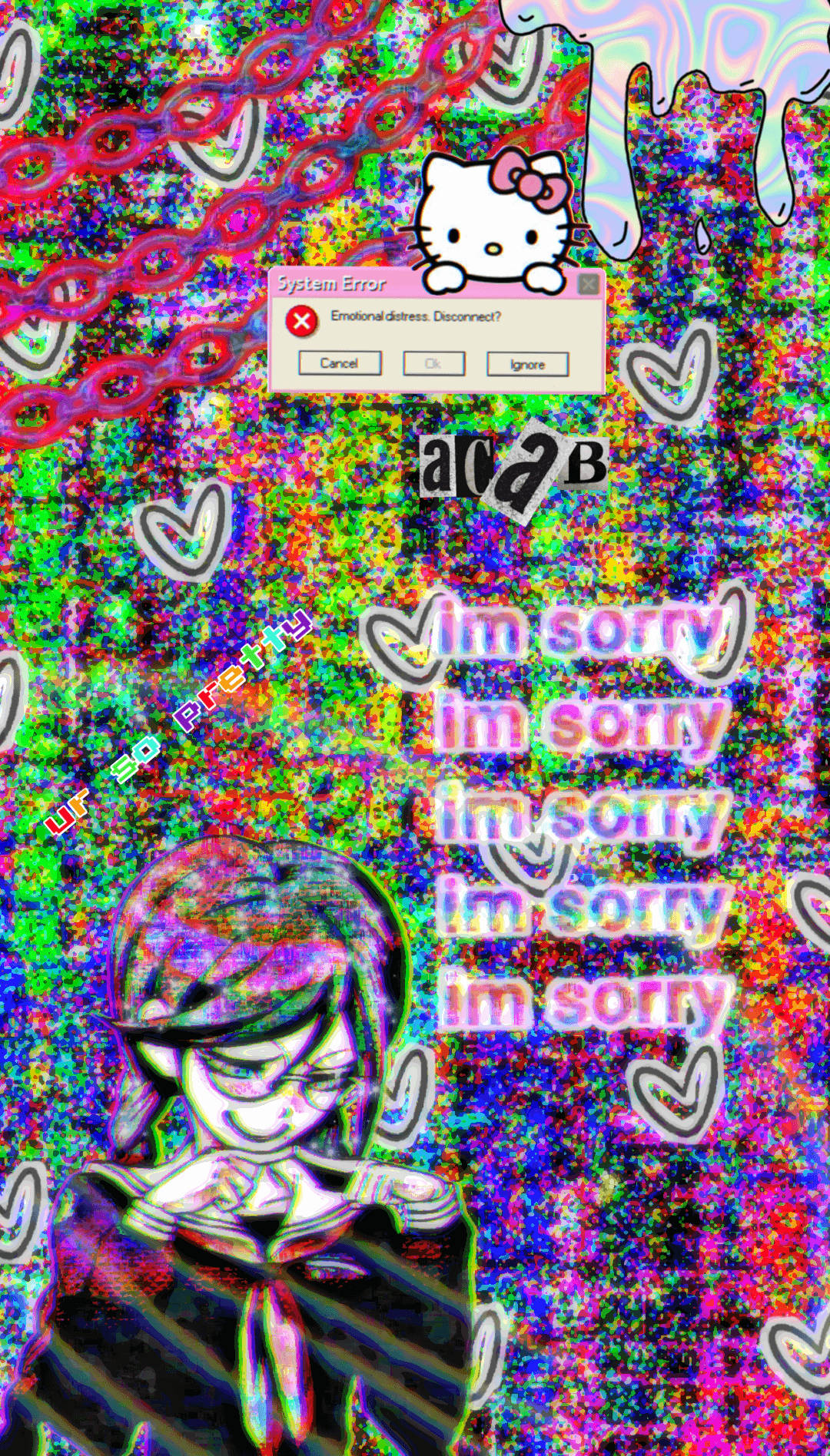 Glitchcore 桌布 壁紙 — 一個帶有「System Error」彈出視窗和重複「im sorry」文字的故障動漫女孩，背景混亂多彩。