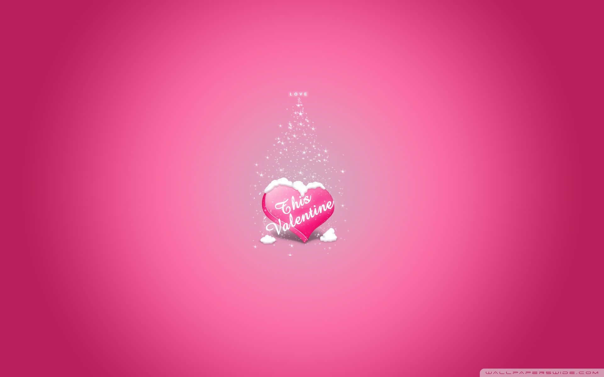 桌布 壁紙 — 一個帶有「This Valentine」文字和閃爍粒子的光澤粉紅色心形，漂浮在漸變粉紅色背景上。