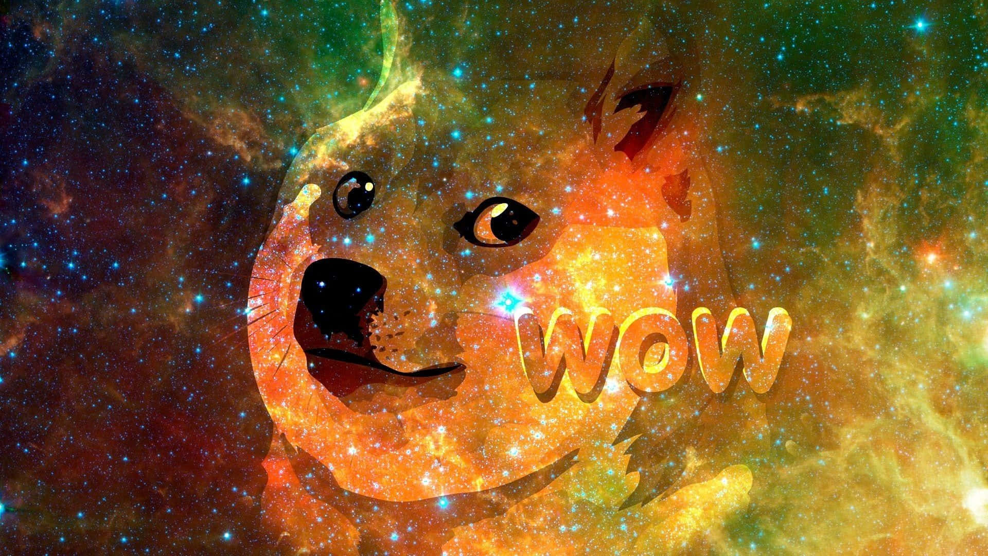 meme 桌布 壁紙 — 一個帶有「WOW」文字的宇宙狗狗剪影從充滿發光恆星和旋轉氣體的鮮豔星雲中浮現。