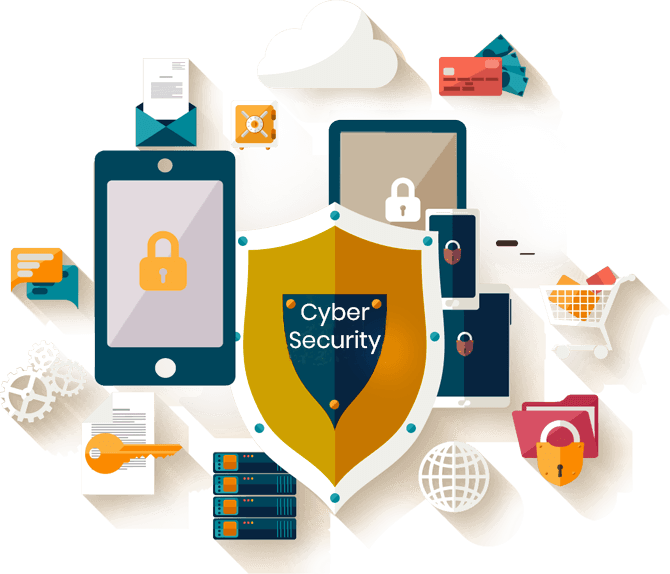 Cyber 桌布 壁紙 — 一個帶有「網路安全」文字的盾牌保護數位裝置和圖示，如電話、信用卡和伺服器，免受網路威脅。