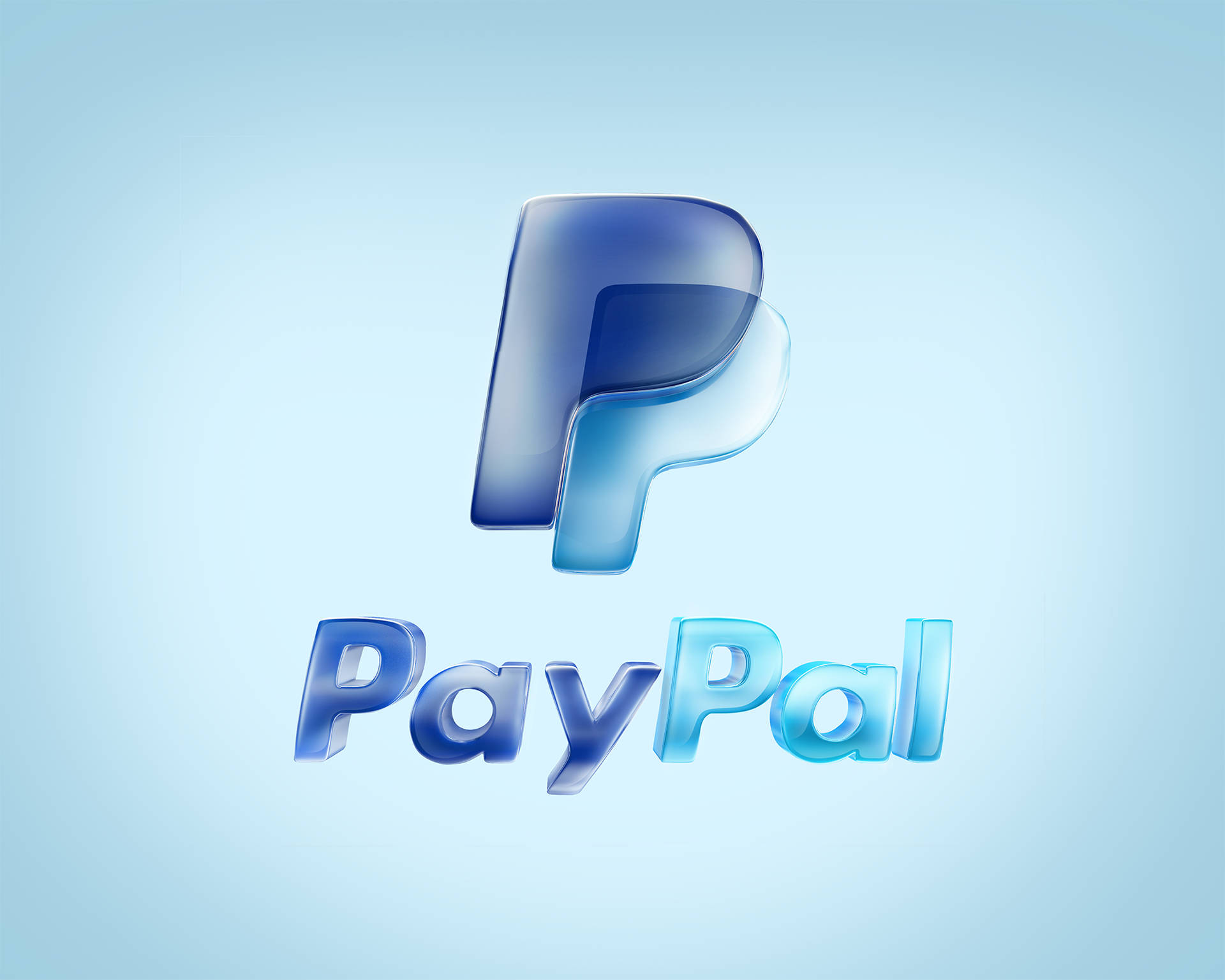 PayPal 桌布 壁紙 — 一個帶有3D字母P和文字的亮面藍色PayPal標誌，背景為柔和漸變色。