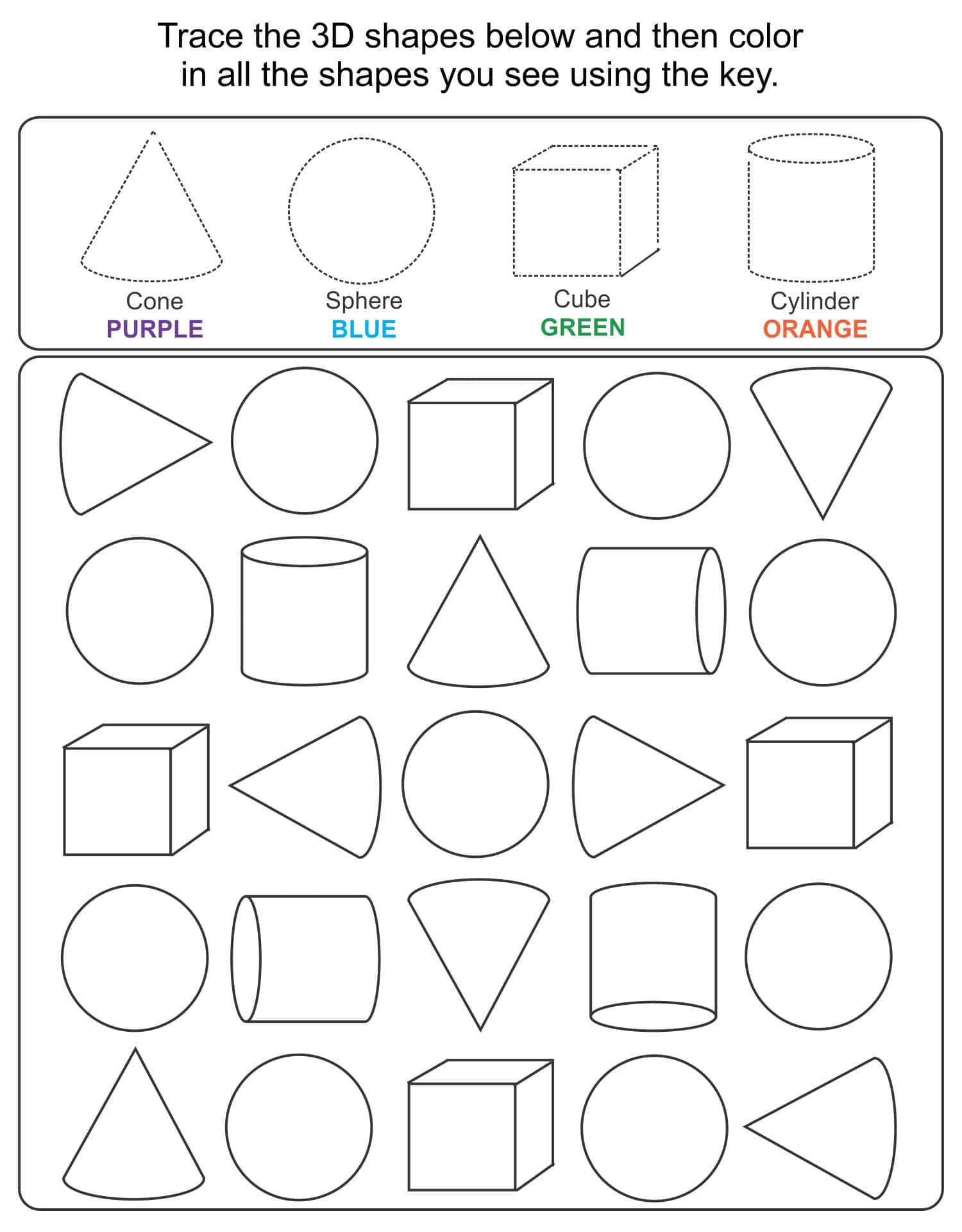 Shapes 桌布 壁紙 — 一個帶有3D形狀的工作表，用於描摹和著色，附有顯示圓錐體、球體、立方體和圓柱體及顏色代碼的圖例。