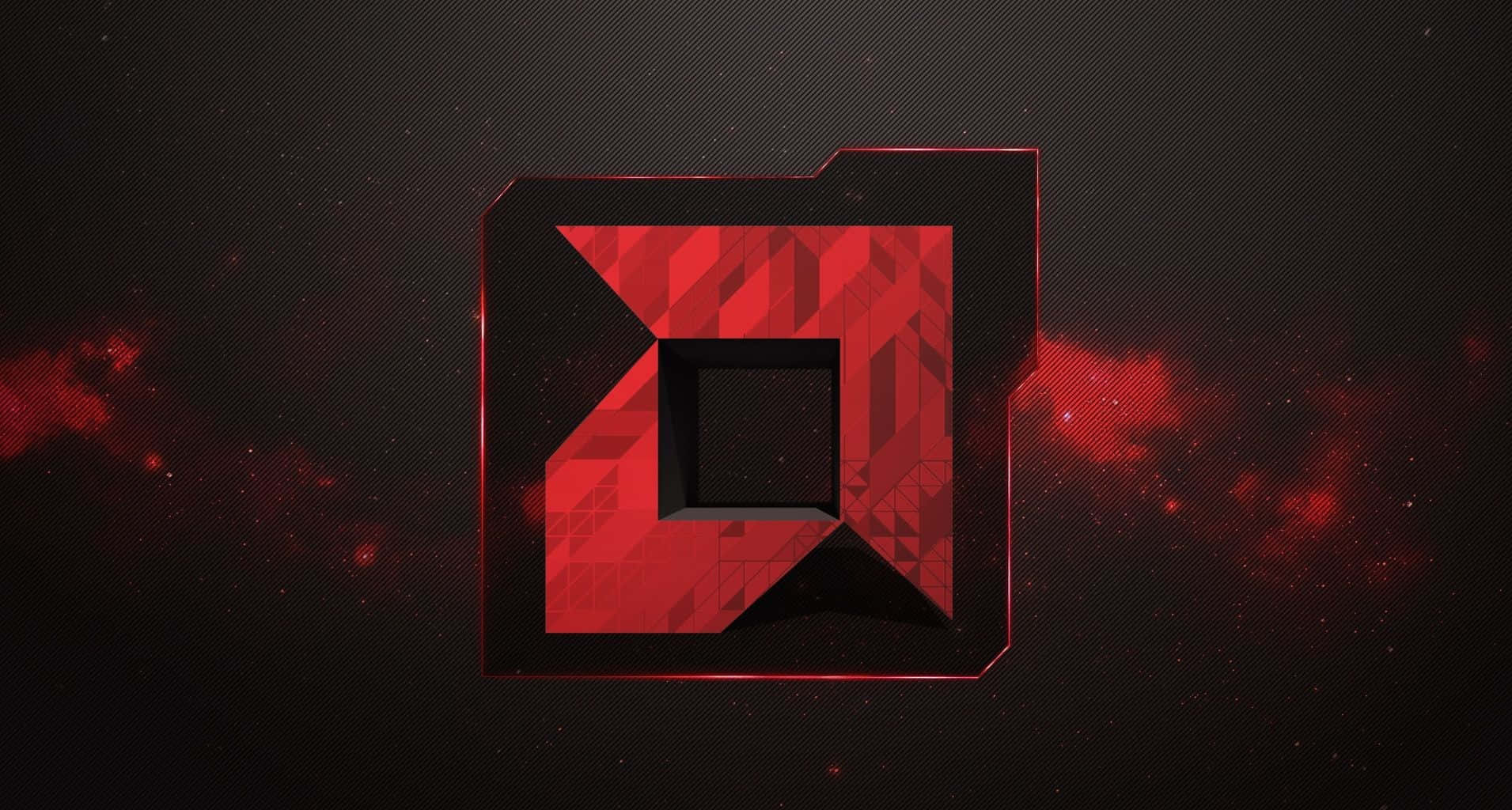 Radeon 桌布 壁紙 — 一個帶有3D效果的鮮明紅色幾何標誌漂浮在黑暗的宇宙背景上，伴隨著發光的紅色星雲。