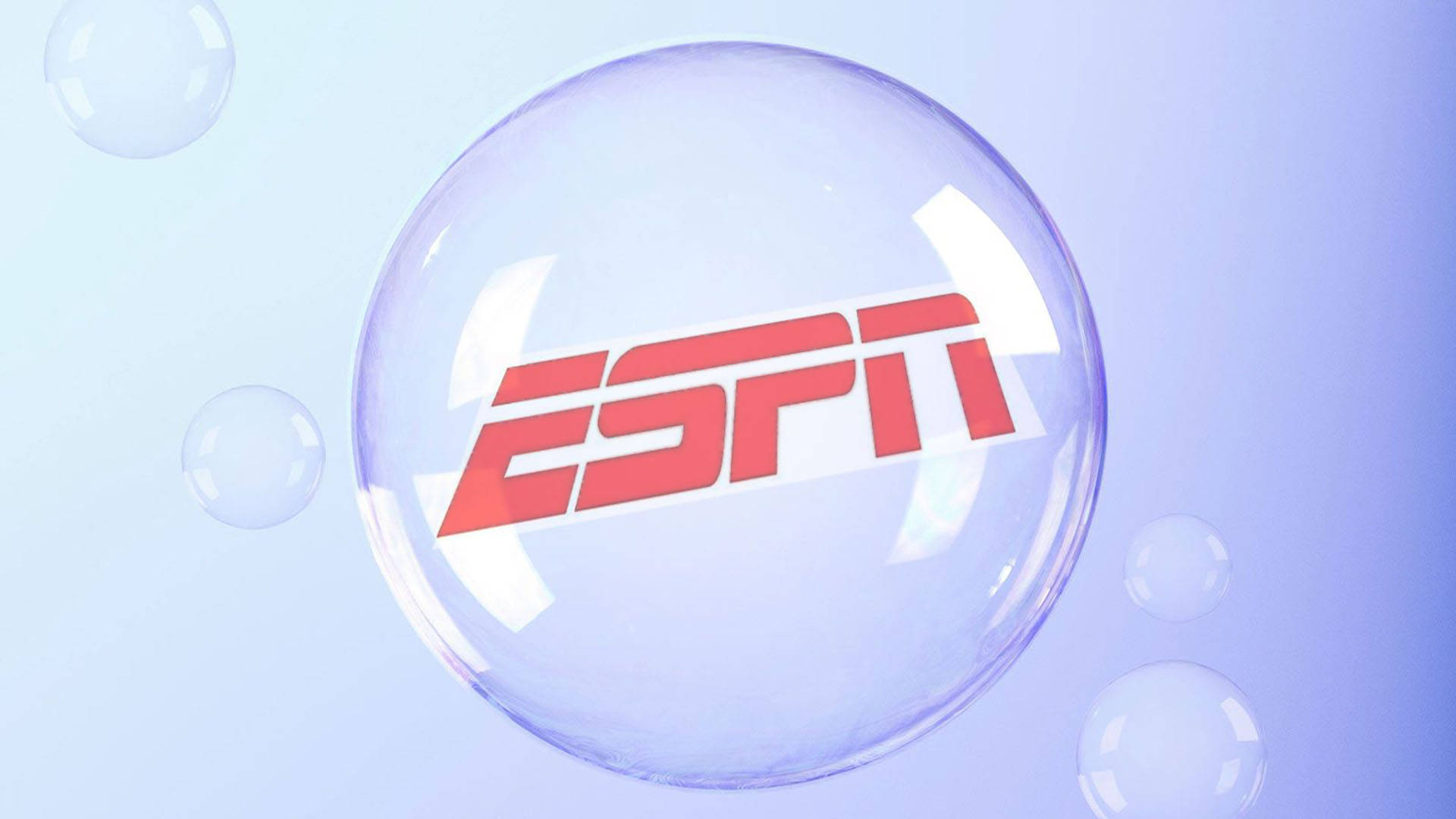ESPN 桌布 壁紙 — 一個帶有ESPN標誌的大型透明氣泡漂浮在柔和的藍色漸變背景上，周圍有較小的氣泡。