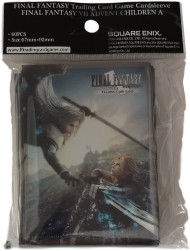 賽菲羅斯 桌布 壁紙 — 一個帶有Final Fantasy VII 降臨神子藝術圖案的集換式卡牌套包裝，展示兩個角色處於動態戰鬥姿勢。