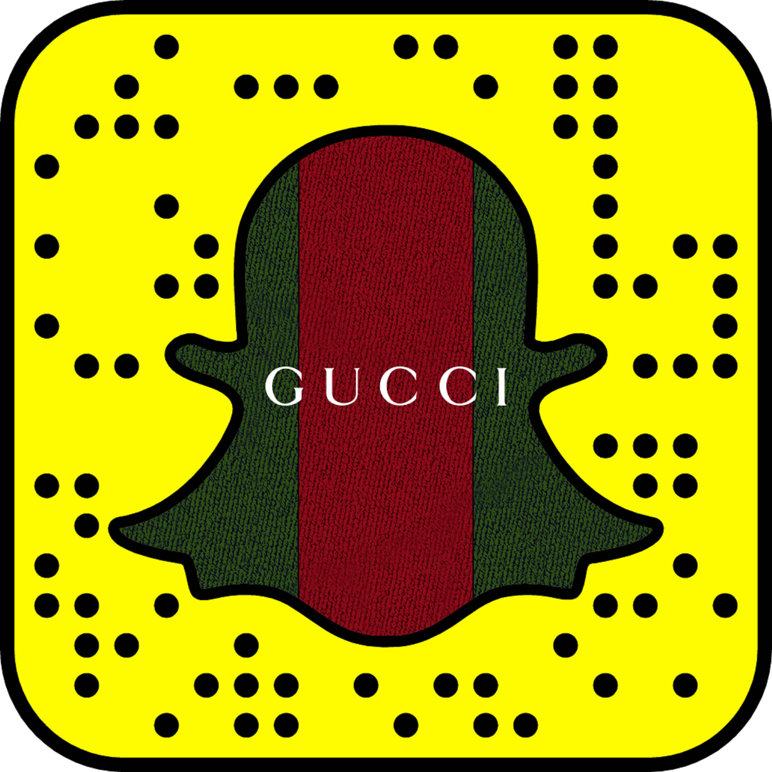 Snapchat 桌布 壁紙 — 一個帶有Gucci標誌的Snapchat QR碼，紅色和綠色條紋，黃色背景上有黑色圓點。