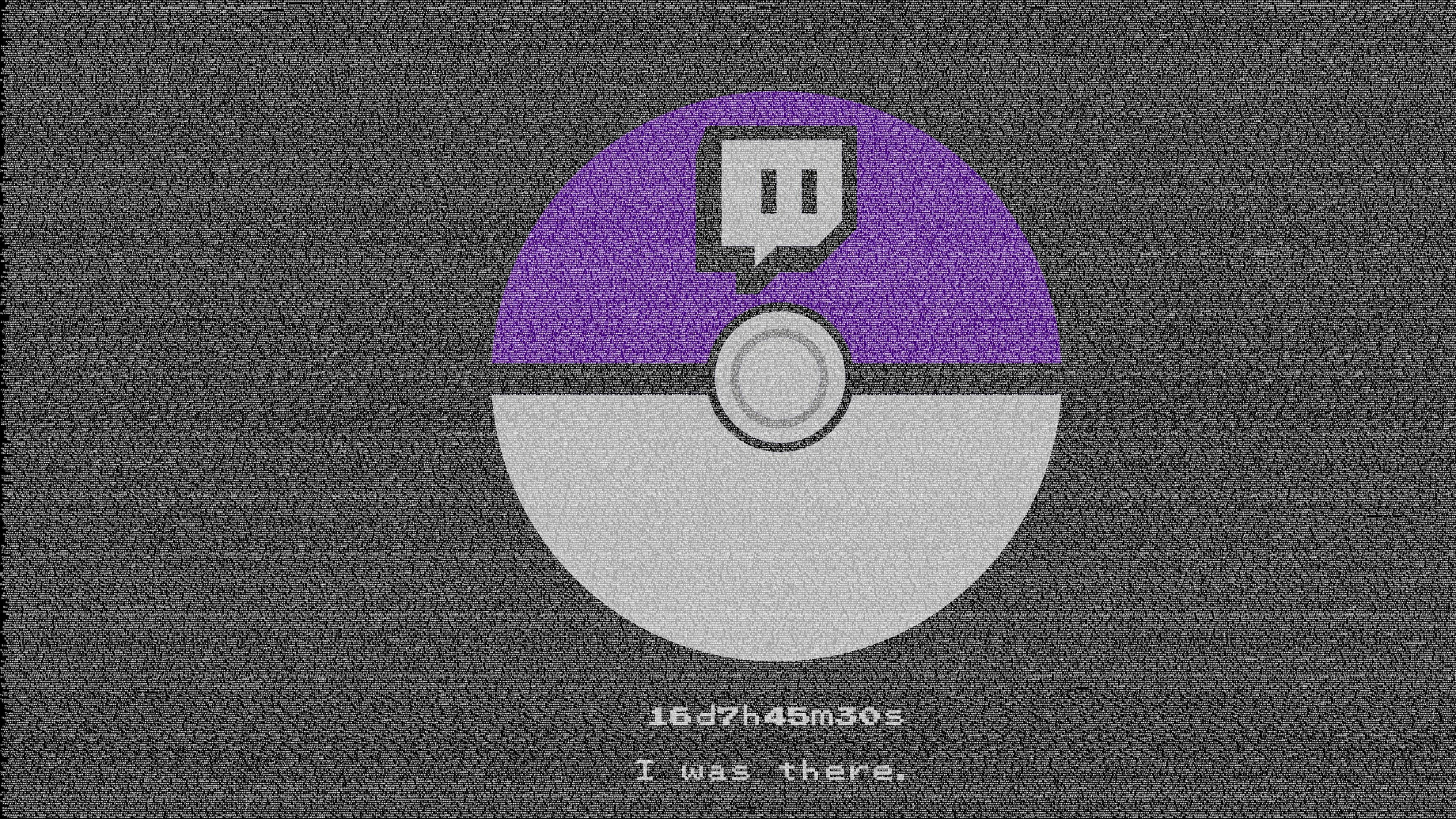 Twitch 桌布 壁紙 — 一個帶有Twitch標誌和計時器文字的故障紫色和白色寶可夢球，背景靜止。