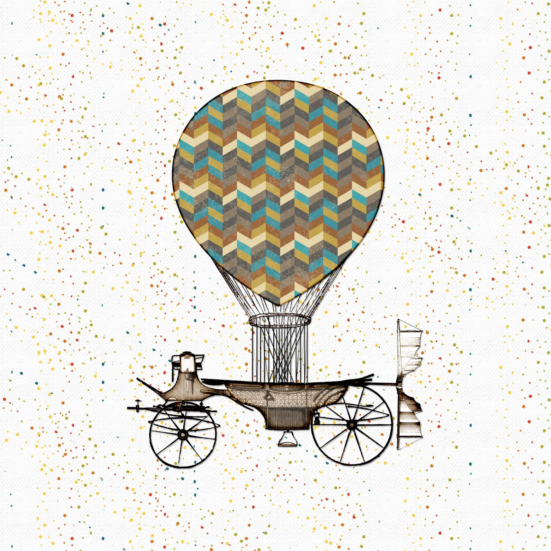 Hot Air Balloon 桌布 壁紙 — 一個帶有V形圖案外殼的蒸氣龐克熱氣球，漂浮在紋理畫布上的彩色斑點之間。