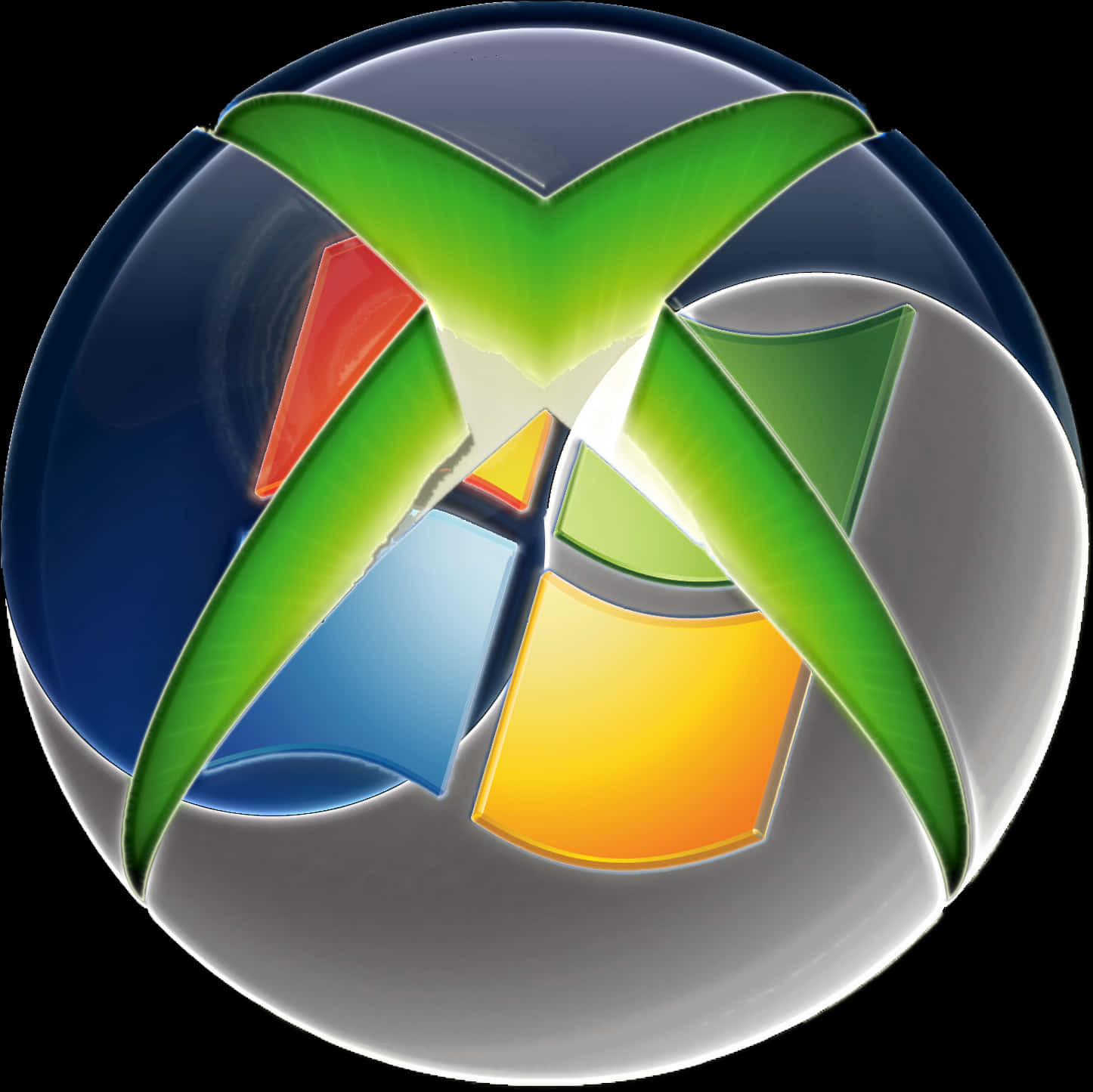 Xbox Logo 桌布 壁紙 — 一個帶有Xbox標誌的光澤球體，在黑色背景上呈現鮮豔的綠色X和彩色面板。