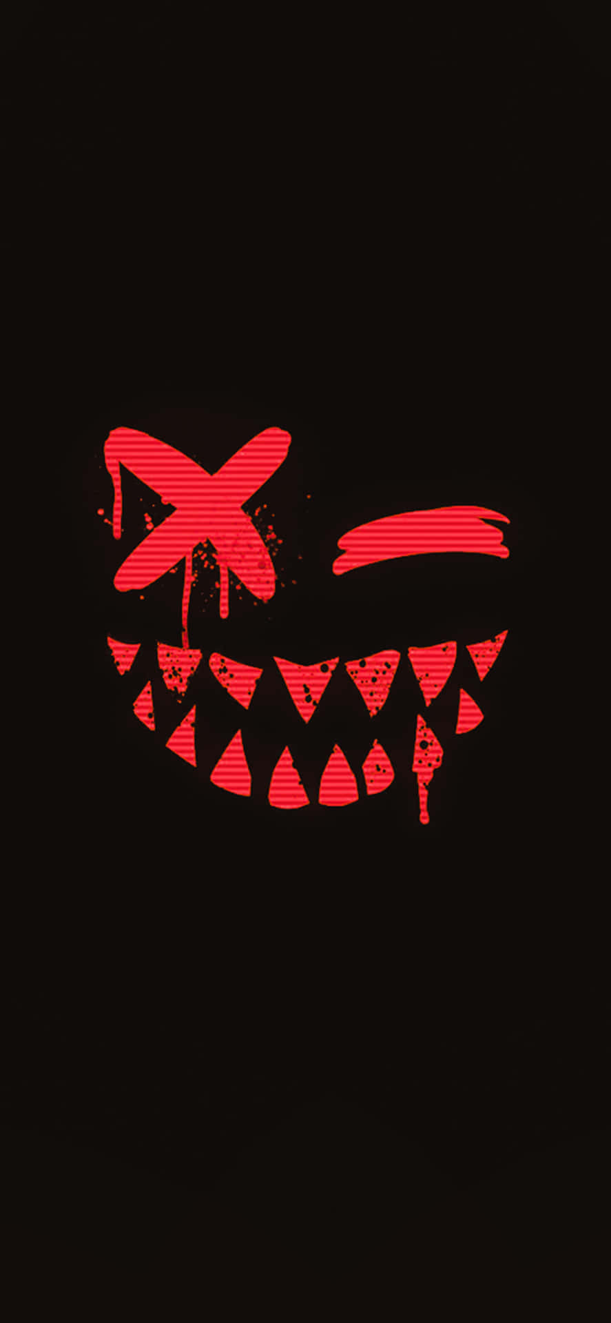 Aesthetic iPhone Horror 桌布 壁紙 — 一個帶有X形眼睛和尖銳牙齒的威脅性紅色卡通面孔，在黑色背景上怒視。