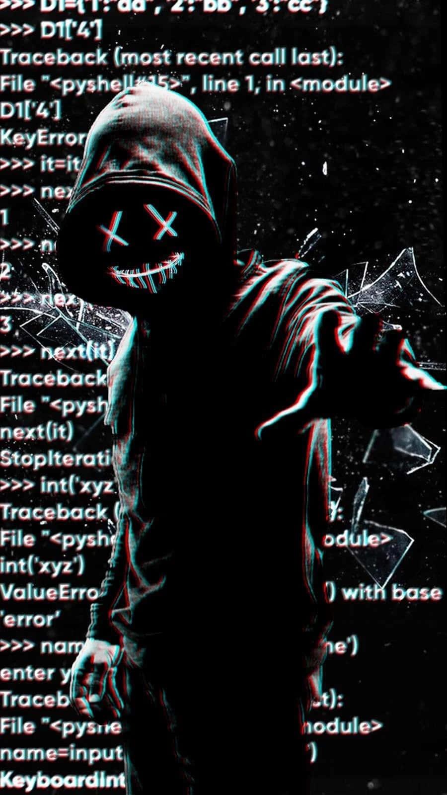  壁紙 — 一個帶有X眼睛和咧嘴笑的故障兜帽人物在充滿漂浮Python錯誤代碼的黑暗背景前指向前方。