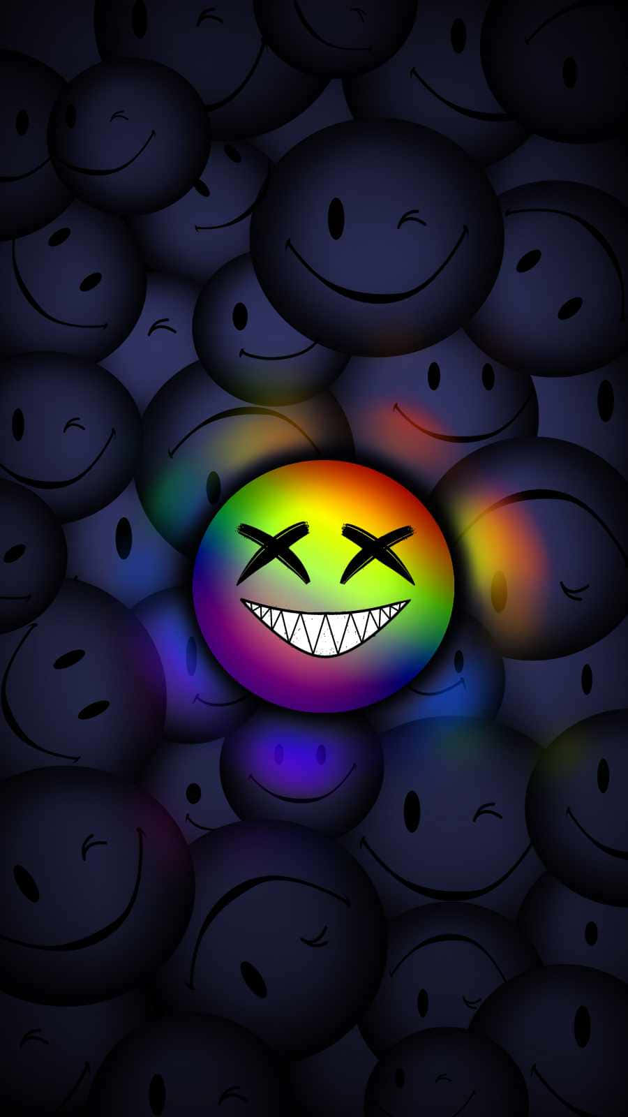 Smile 桌布 壁紙 — 一個帶有X眼睛和尖銳牙齒的彩虹色笑臉，在一群黑暗的笑臉中發光。