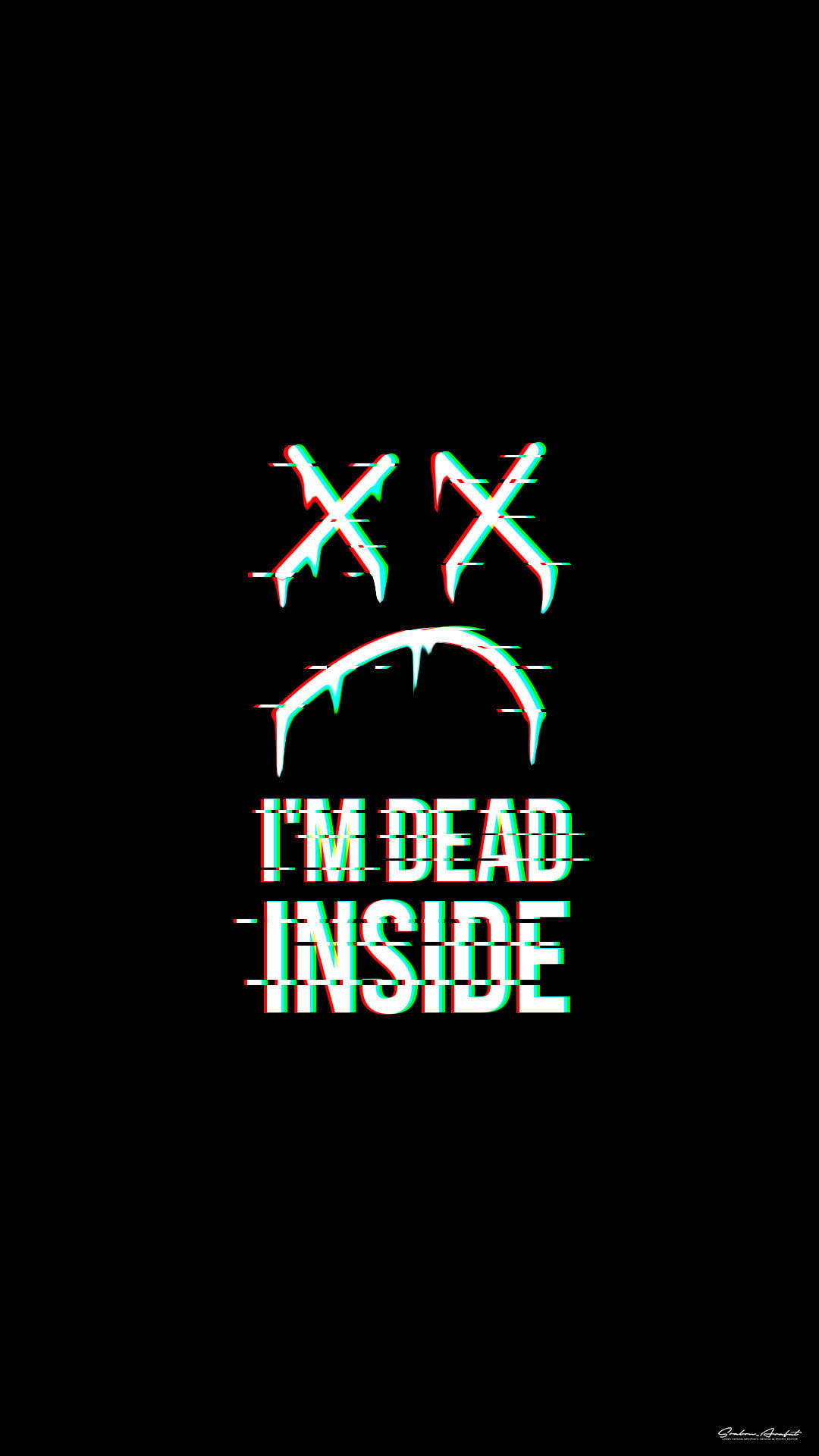 Sad Depressing 桌布 壁紙 — 一個帶有X眼睛和皺眉的故障數位面孔，在黑色背景上顯示文字I'M DEAD INSIDE。
