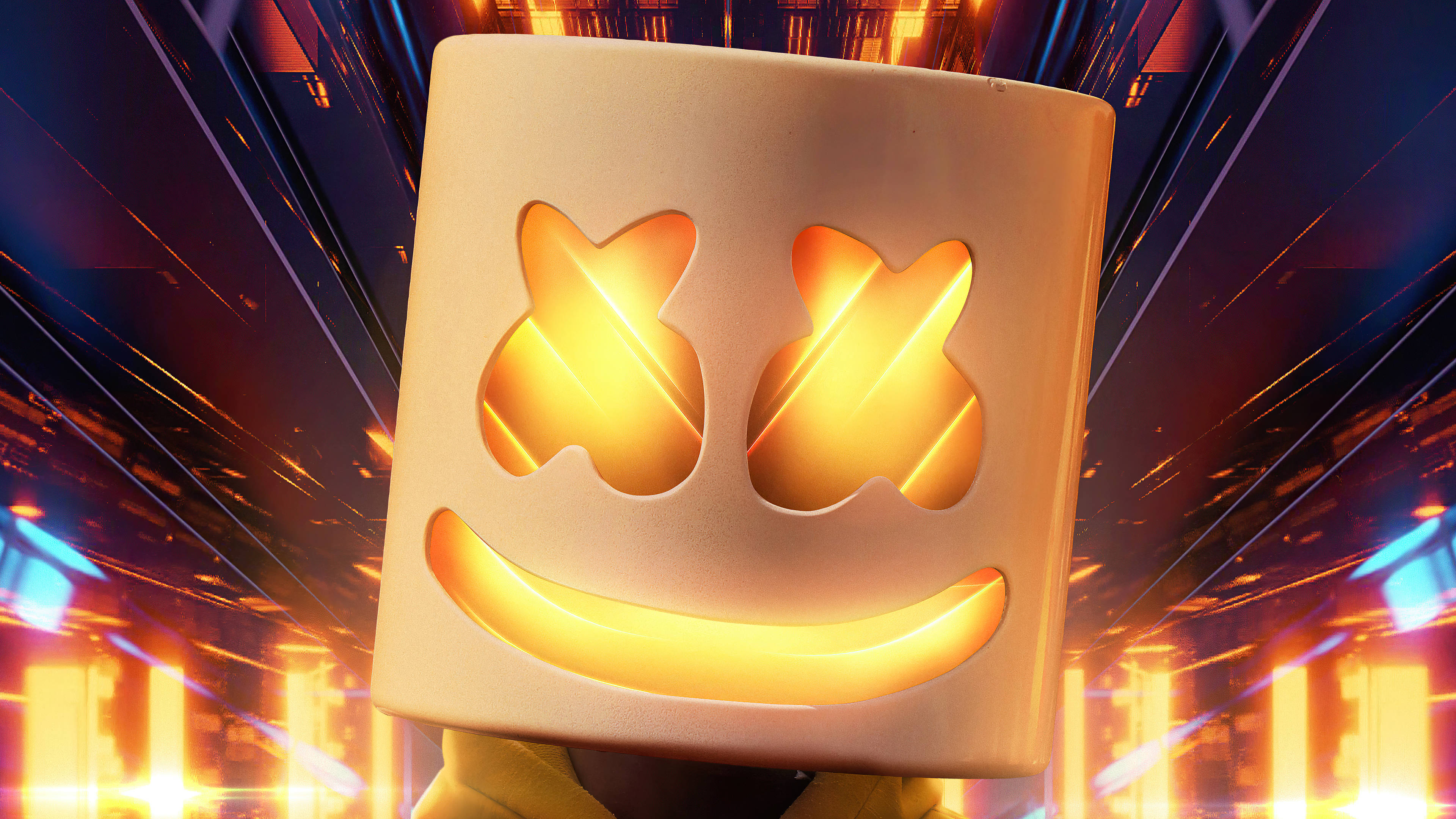 marshmello 4K 桌布 壁紙 — 一個帶有X眼睛的發光金色笑臉面具，在充滿活力的霓虹燈未來城市景觀中散發溫暖。