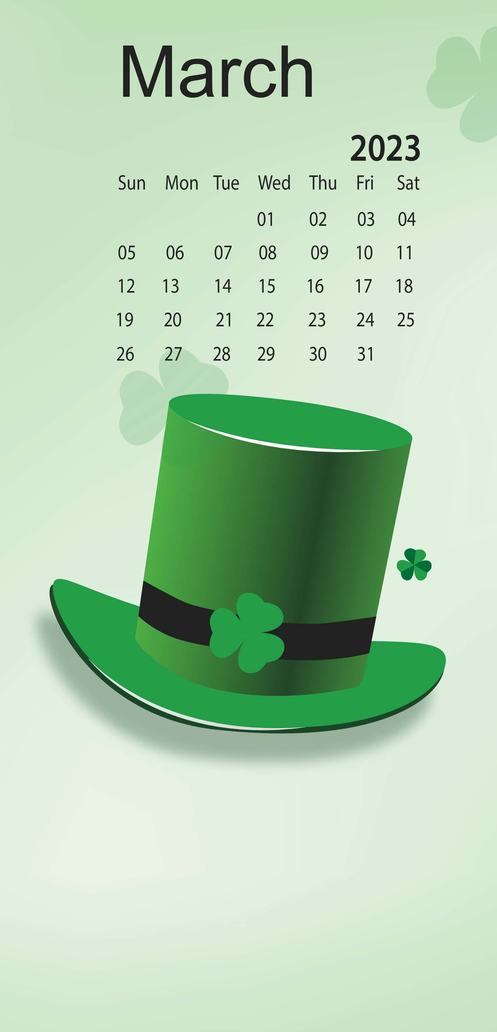 St Patrick's Day 桌布 壁紙 — 一個帶有三葉草扣的綠色小妖精帽位於2023年3月日曆下方，背景為柔和的綠色。