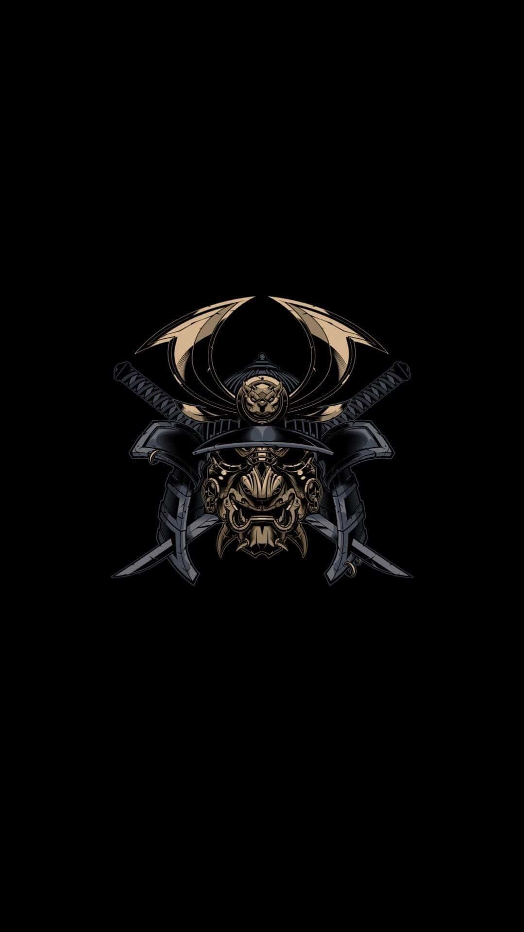 Black And White Samurai 桌布 壁紙 — 一個帶有交叉劍和金色龍翼的威嚇性武士頭盔，背景為黑色。