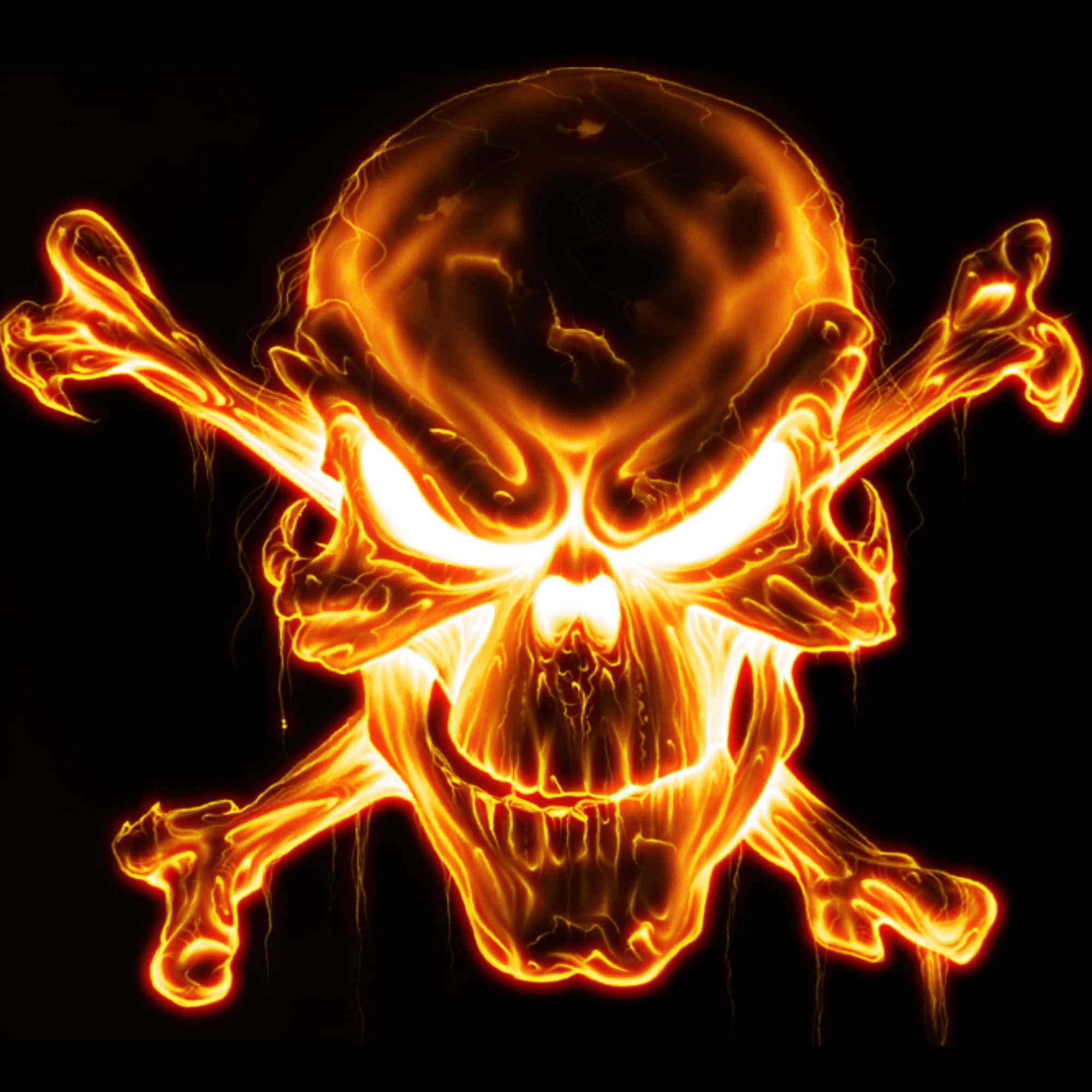 Cool Skull 桌布 壁紙 — 一個帶有交叉骨頭的熾熱發光頭骨，在漆黑的背景下散發出強烈的橙色光芒。