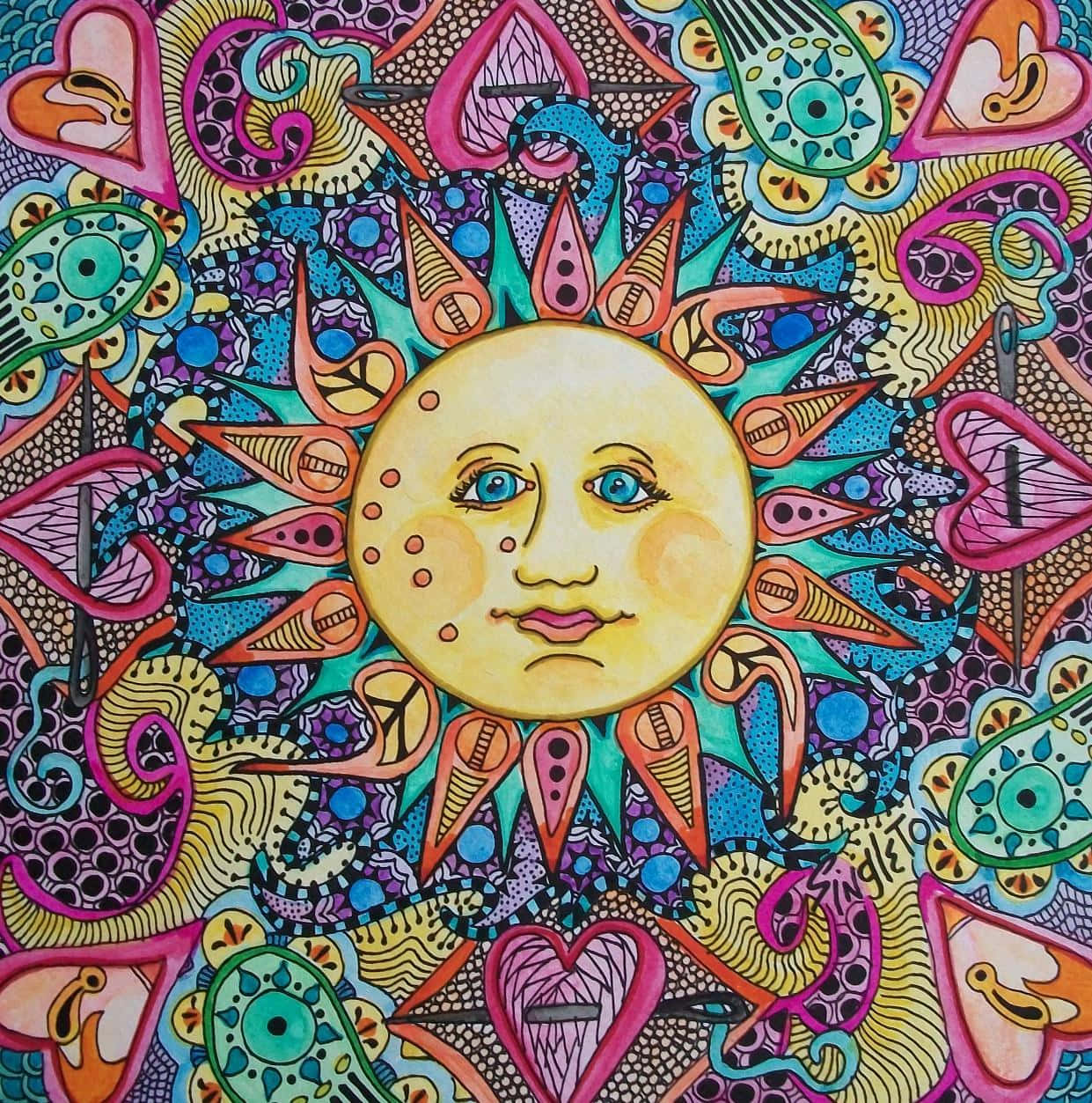 嬉皮 桌布 壁紙 — 一個帶有人類面孔的充滿活力的迷幻太陽，從由心形和複雜塗鴉組成的萬花筒圖案中散發出來，色彩鮮豔。