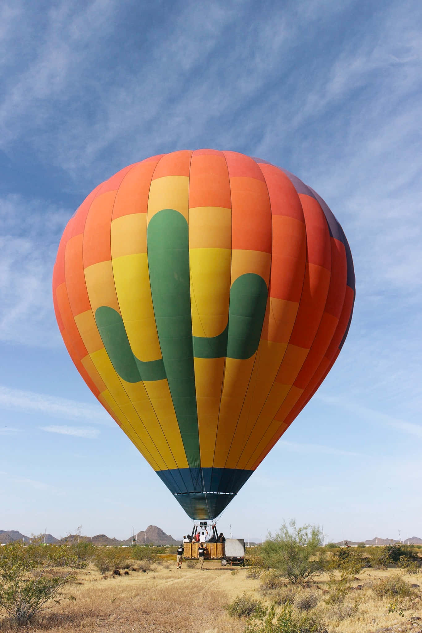 Hot Air Balloon 桌布 壁紙 — 一個帶有仙人掌圖案的鮮豔熱氣球，在藍天白雲下的沙漠景觀上空漂浮。