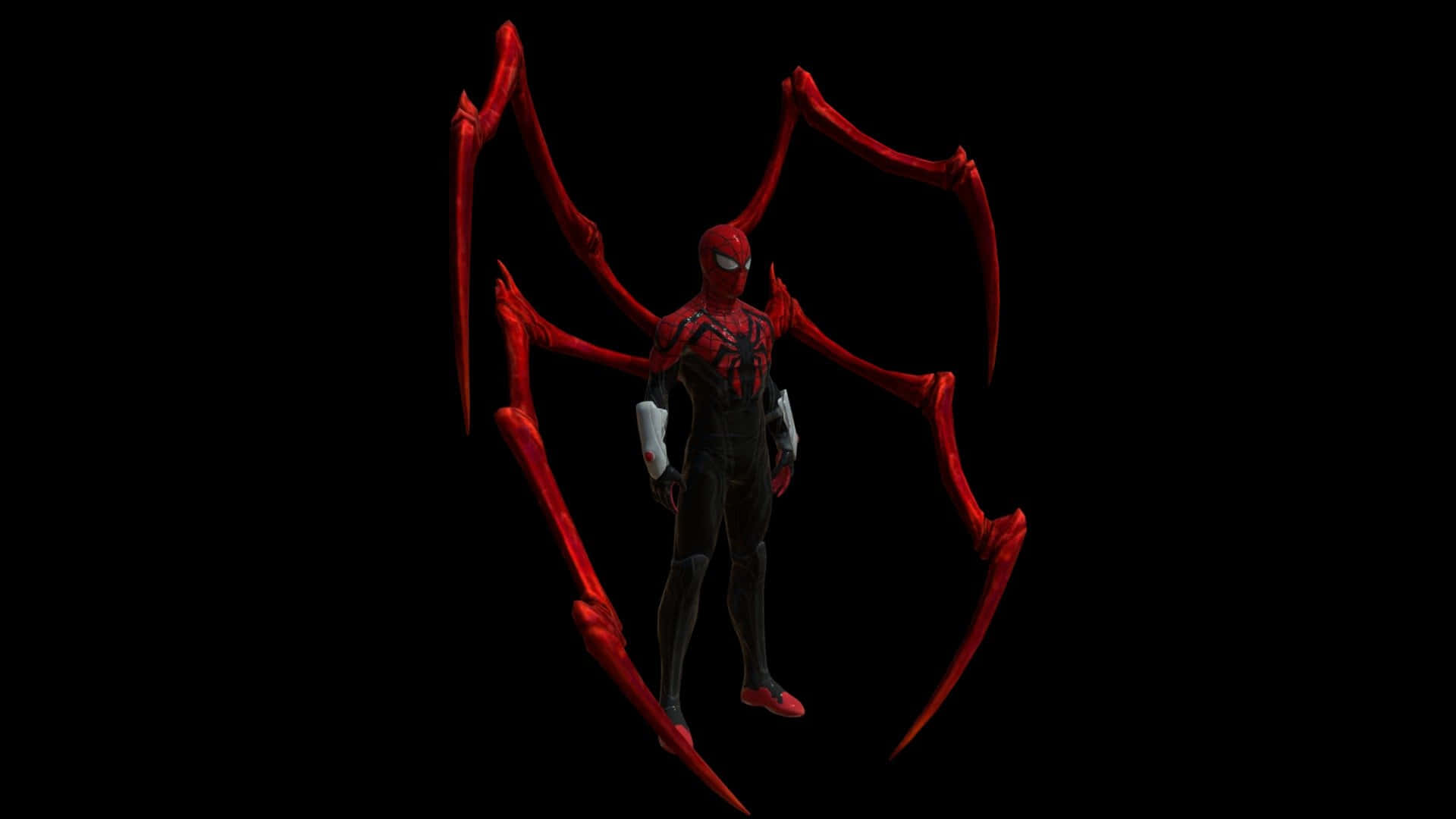 Superior Spider-man 桌布 壁紙 — 一個帶有伸長爪狀四肢的威脅性紅黑蜘蛛人，站在純黑色背景前。