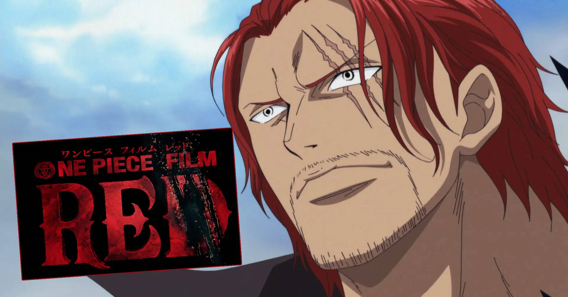 電影動圖 桌布 壁紙 — 一個帶有傷疤的兇猛紅髮動漫角色在《ONE PIECE FILM RED》電影海報旁邊凝視。