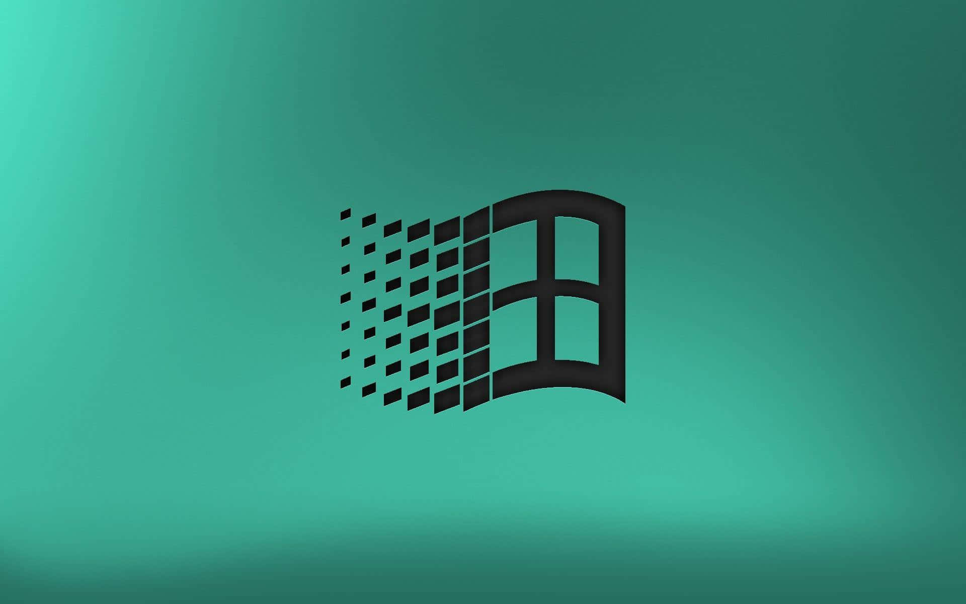 Windows 95 動態圖 桌布 壁紙 — 一個帶有像素化動態效果的黑色Windows標誌，背景為青綠色漸變。