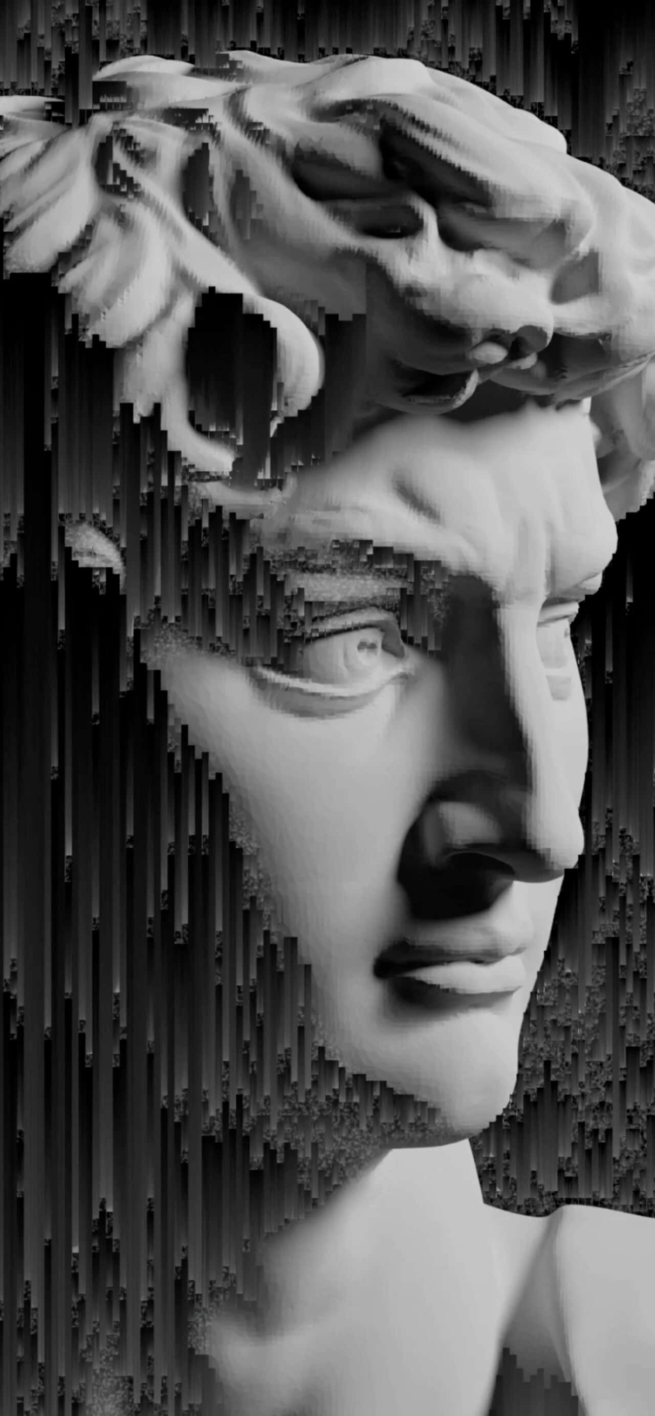 Michelangelo 桌布 壁紙 — 一個帶有像素化垂直扭曲的古典大理石半身像的故障黑白數位雕塑。