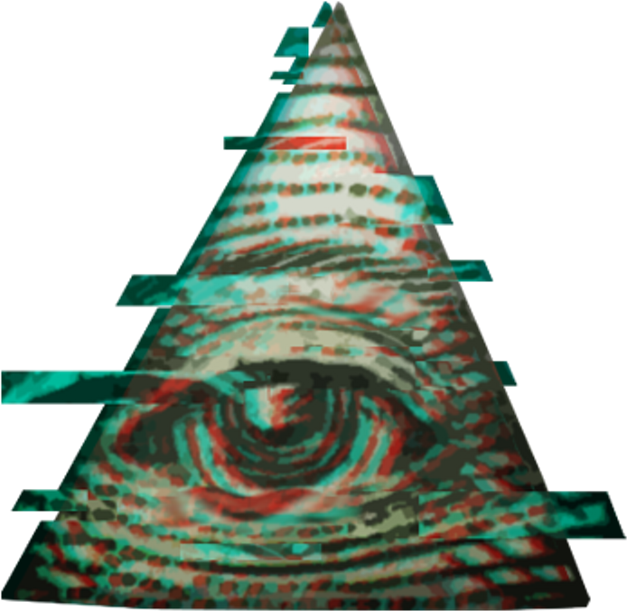 illuminati 桌布 壁紙 — 一個帶有像素化扭曲的故障數位金字塔，核心為旋轉的眼睛，以紅色、青色和黑色呈現。