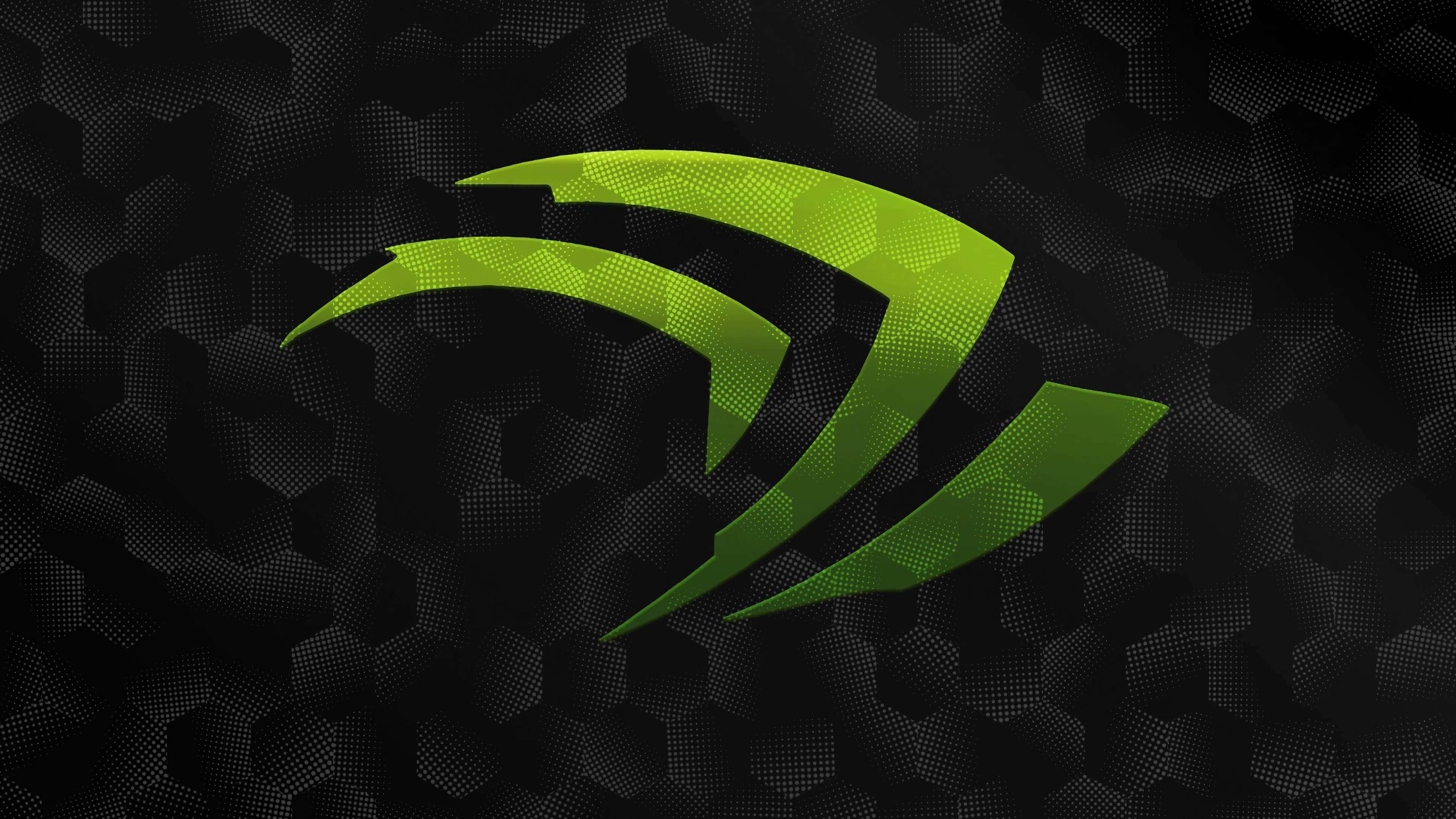 Nvidia 4K UHD 桌布 壁紙 — 一個帶有像素漸變的鮮綠色NVIDIA標誌在深色六邊形圖案背景上發光。