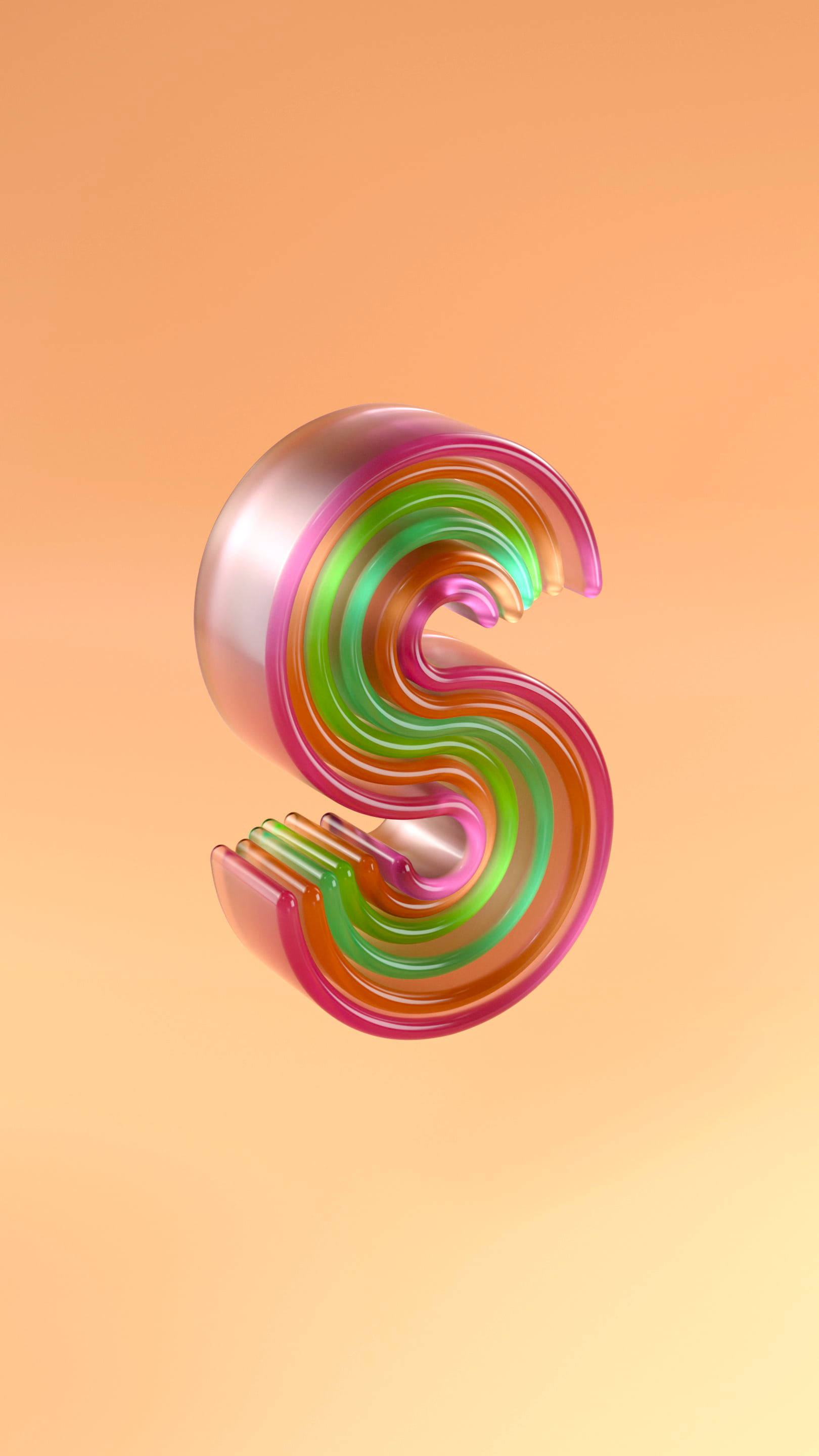 S 桌布 壁紙 — 一個帶有光澤的3D字母S，在柔和的蜜桃漸層背景上，以充滿活力的霓虹色彩旋轉。
