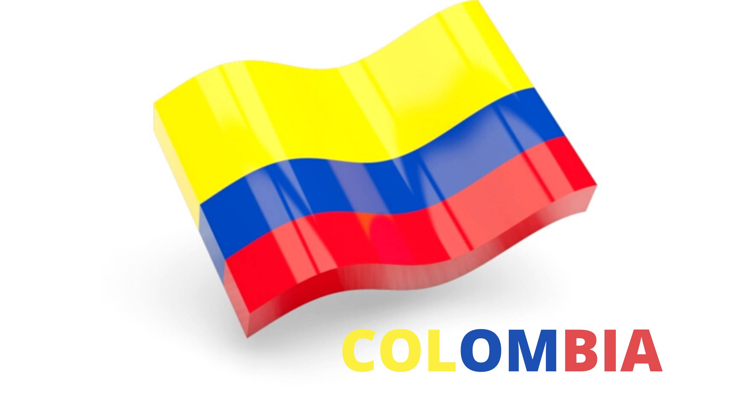 Colombia Flag 桌布 壁紙 — 一個帶有光澤的3D渲染哥倫比亞國旗，在純白背景上動態飄揚，下方有「Colombia」字樣。