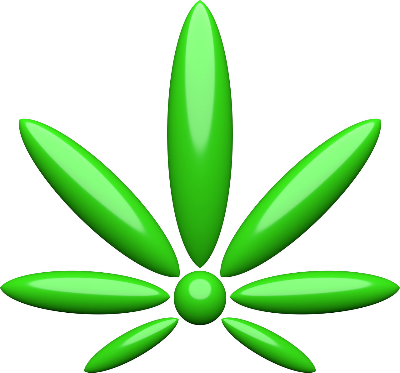 Daun 桌布 壁紙 — 一個帶有光澤的亮綠色大麻葉圖標，七片尖葉從中央花蕾向外輻射，背景為黑色。