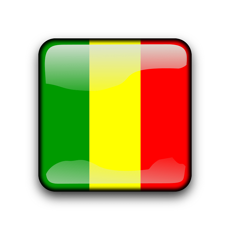 Mali 桌布 壁紙 — 一個帶有光澤的方形按鈕，顯示馬里國旗鮮豔的綠色、黃色和紅色垂直條紋。