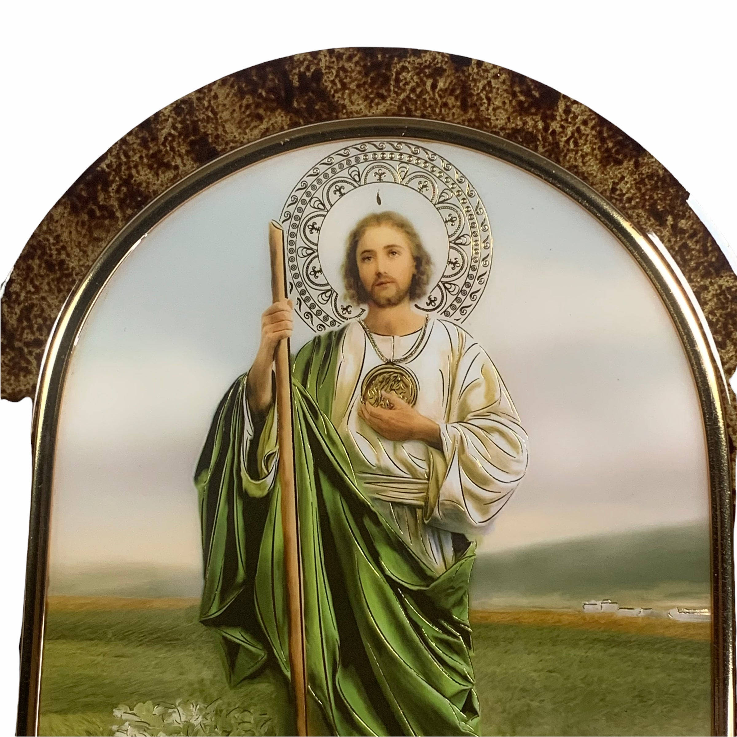 religion 桌布 壁紙 — 一個帶有光環、手持杖和心形標誌的耶穌基督宗教圖標，站在柔和天空下的田園風光中。