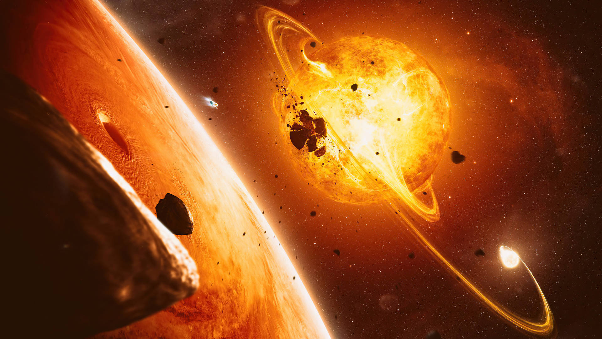 太空 桌布 壁紙 — 一個帶有光環和小行星的熾熱橙色行星，在戲劇性的宇宙場景中繞著熾熱的太陽運行。