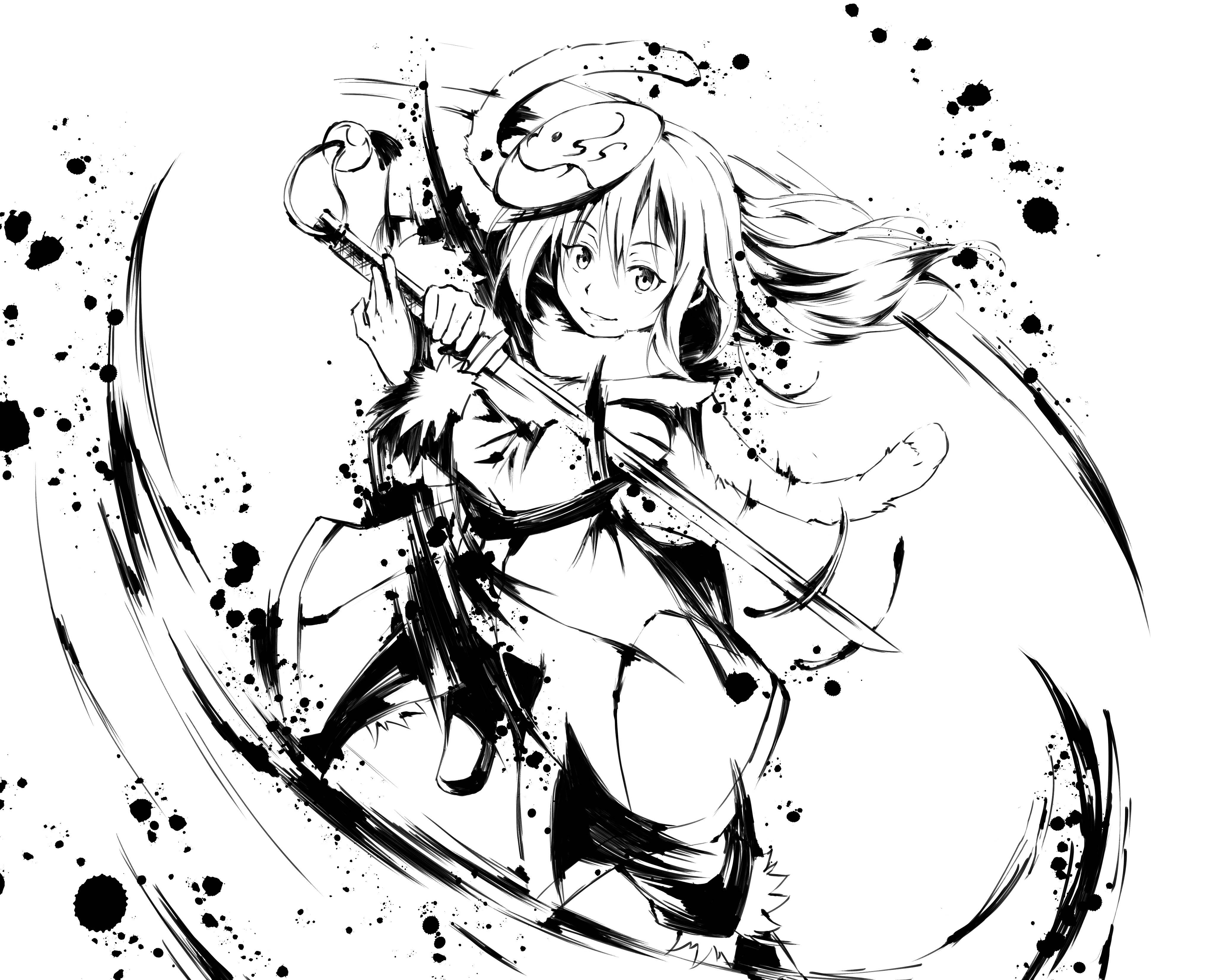 Rimuru 桌布 壁紙 — 一個帶有光環的動態動漫女孩在墨水飛濺和旋轉運動線中揮舞著劍。
