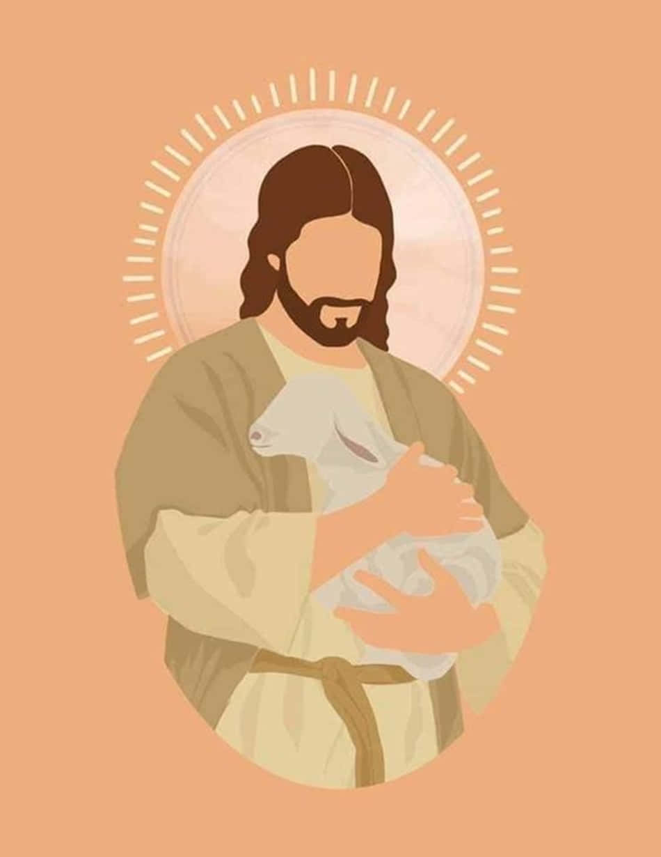 Aesthetic Jesus 桌布 壁紙 — 一個帶有光環的寧靜插圖人物，在溫暖的蜜桃色背景中懷抱羔羊。