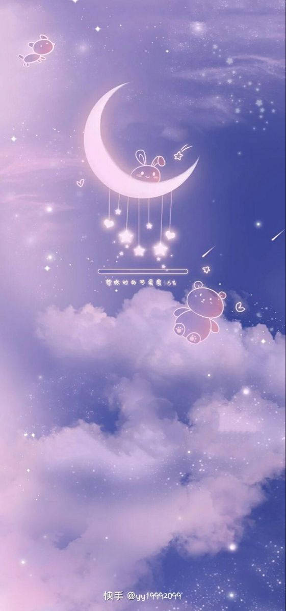 Girly Galaxy 桌布 壁紙 — 一個帶有兔耳朵和懸掛星星的夢幻新月漂浮在夢幻紫色天空中的蓬鬆雲朵之上。