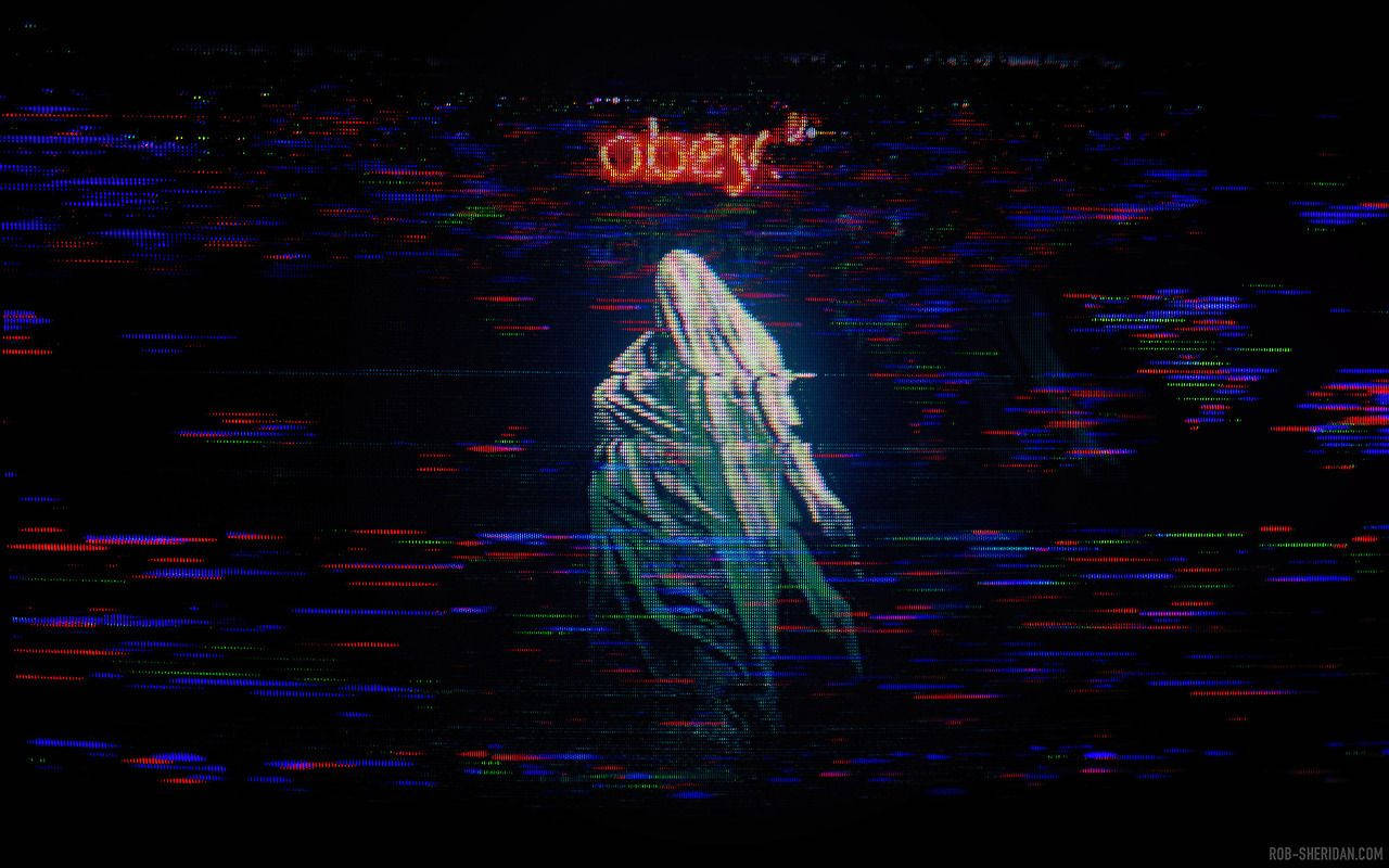 Glitch 桌布 壁紙 — 一個帶有兜帽剪影的故障數位人物站在黑暗螢幕前，上方有紅色字樣 obey，周圍環繞著彩色靜態噪點。