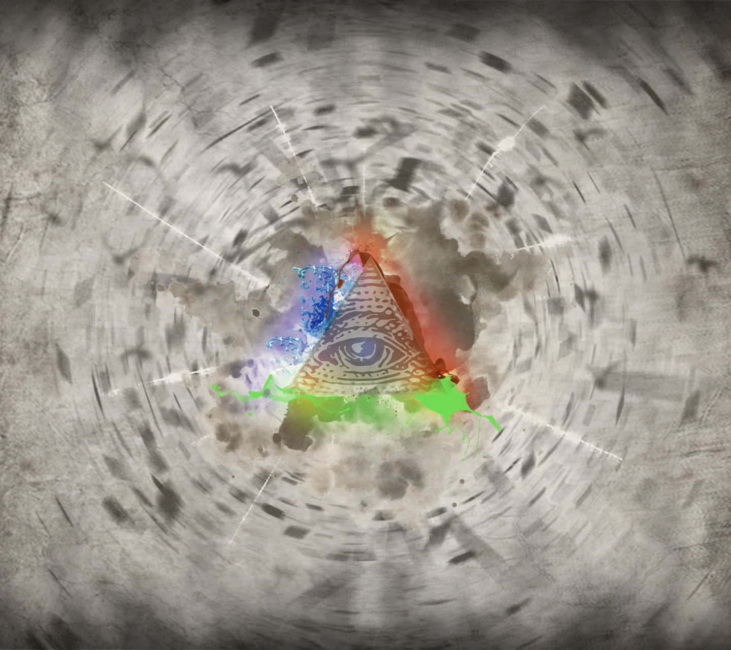 illuminati 桌布 壁紙 — 一個帶有全視之眼的金字塔，透過灰色煙霧和條紋的旋轉渦流散發出鮮豔的色彩。