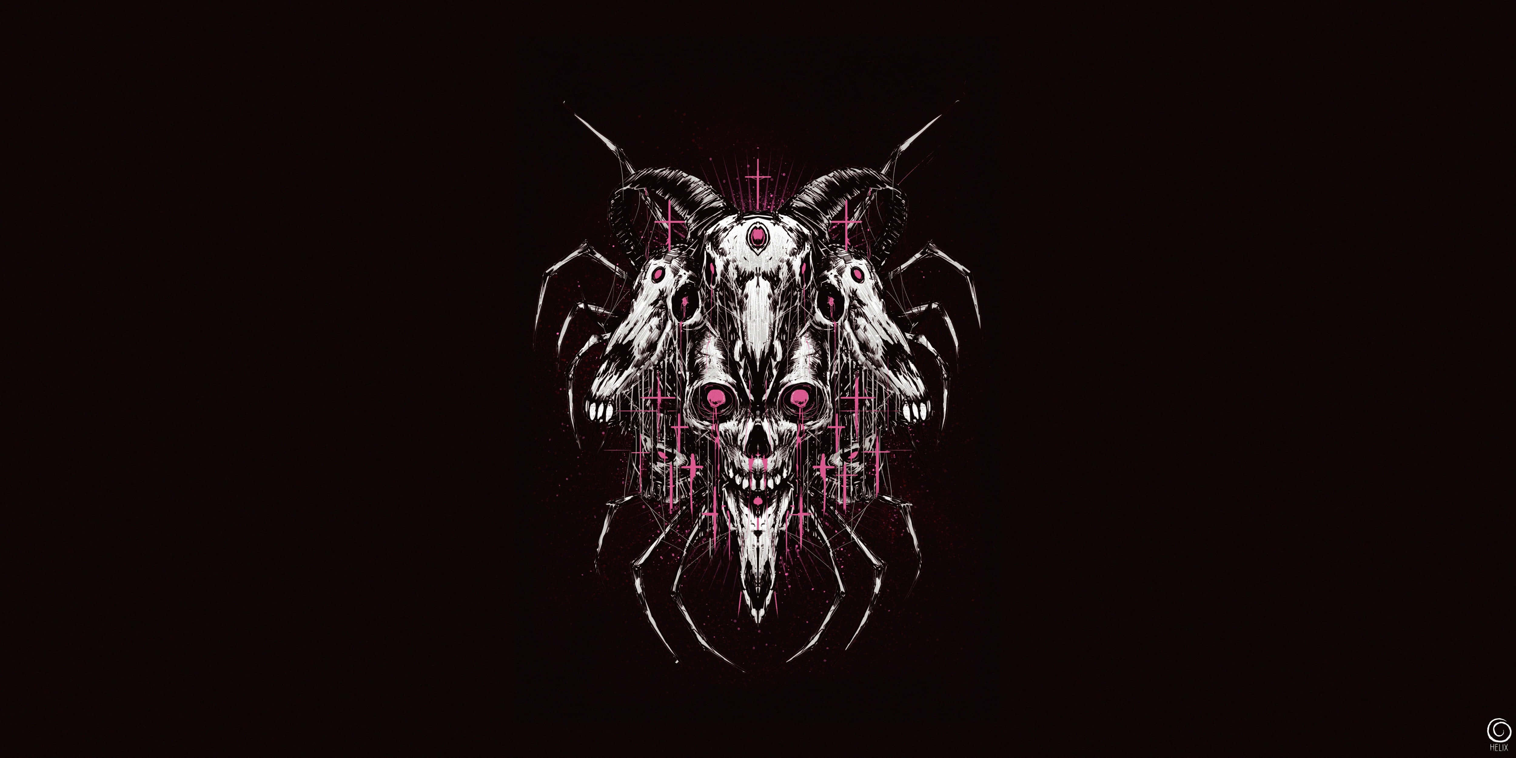 macabre 桌布 壁紙 — 一個帶有公羊角、蜘蛛腿、發光粉紅色眼睛和十字架的兇惡惡魔頭骨，背景為黑色。