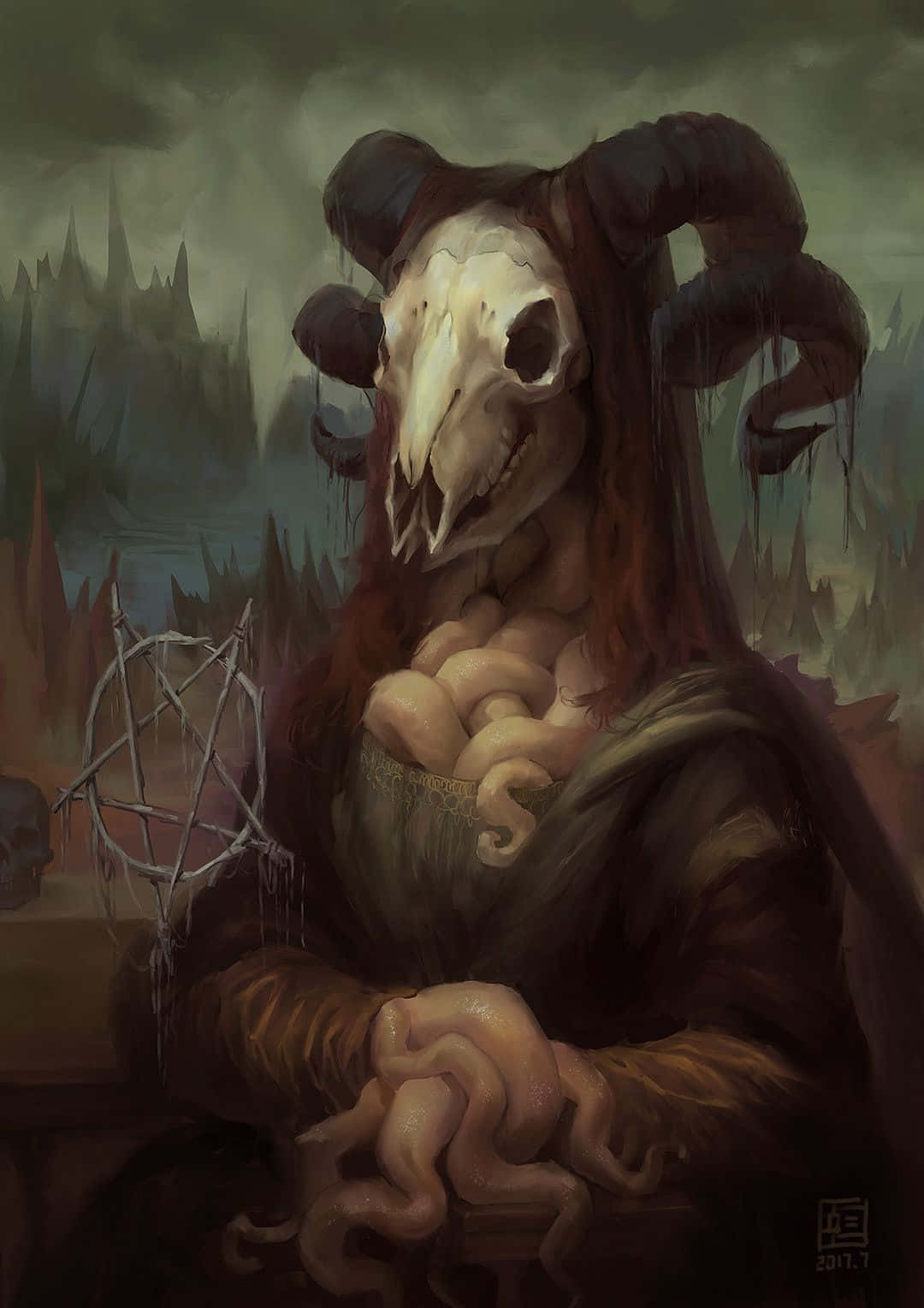 五芒星 桌布 壁紙 — 一個帶有公羊頭骨和肉質觸手的惡魔般人物，坐在陰暗、迷霧籠罩的風景中，手持五角星。