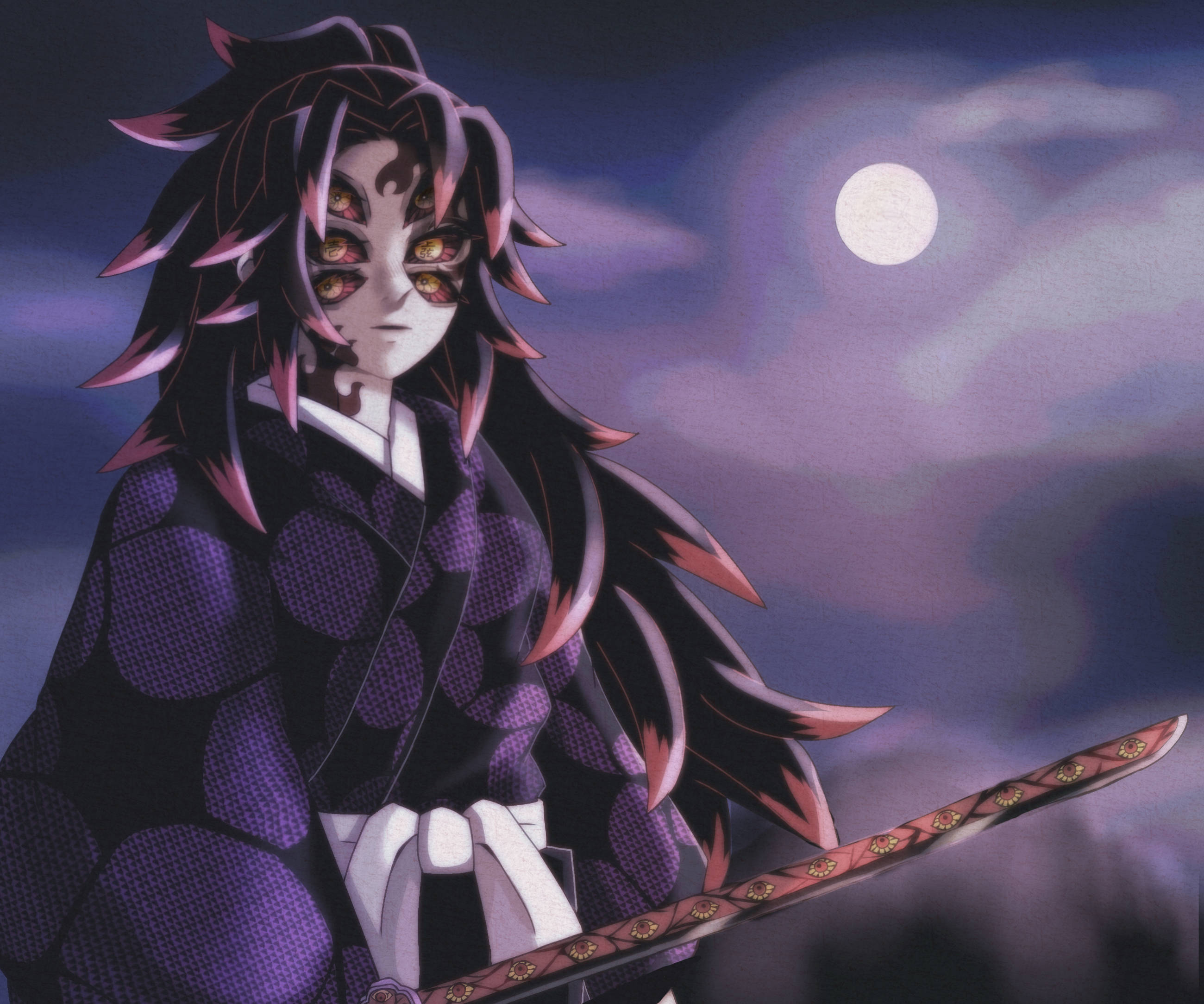 Kokushibo 桌布 壁紙 — 一個帶有六隻發光眼睛和尖刺頭髮的威脅性動漫惡魔，站在滿月下手持武士刀。