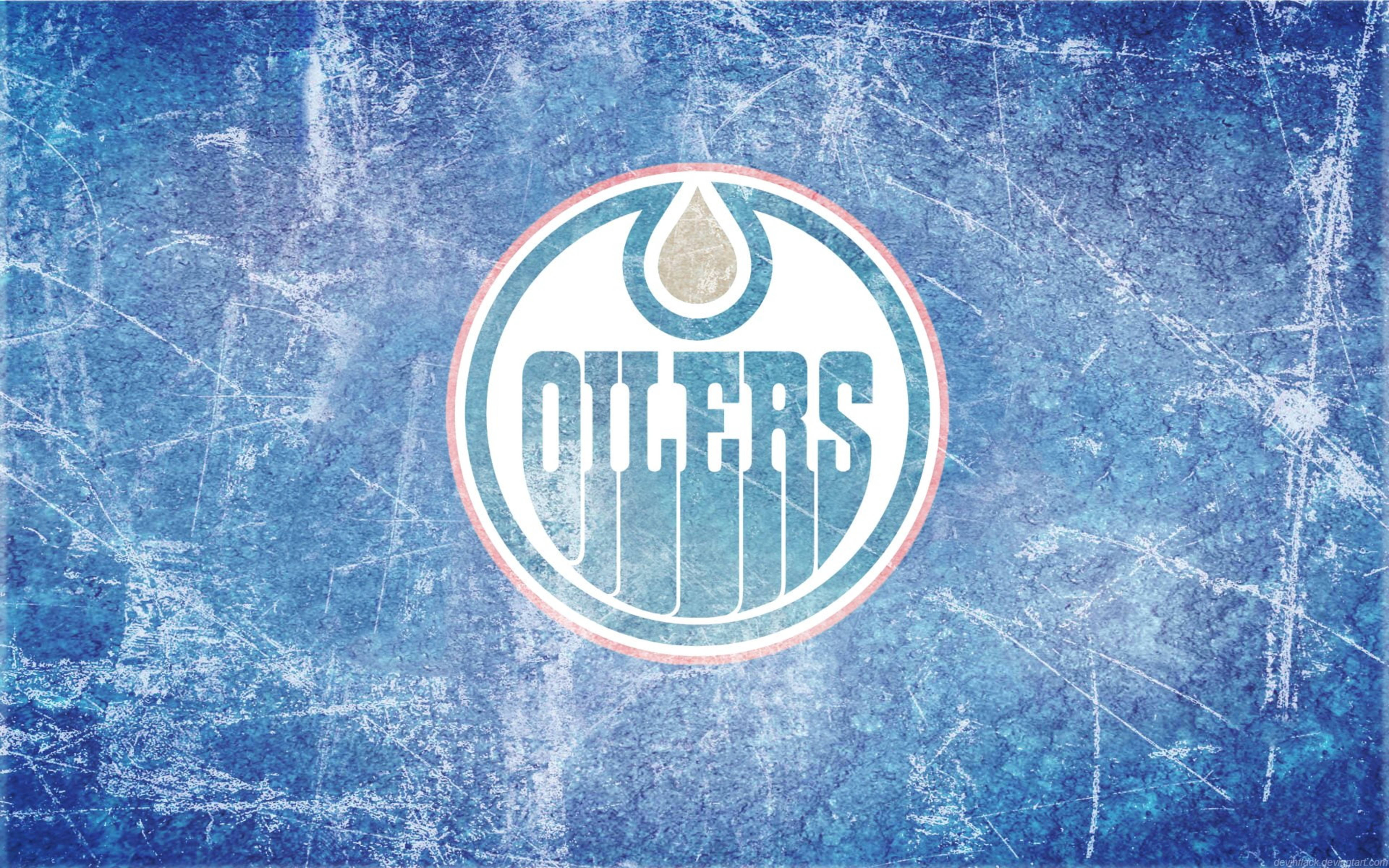 Oilers 桌布 壁紙 — 一個帶有刮痕的磨損藍色冰場背景，中央顯示埃德蒙頓油人隊標誌，採用鮮明的白色和橙色。